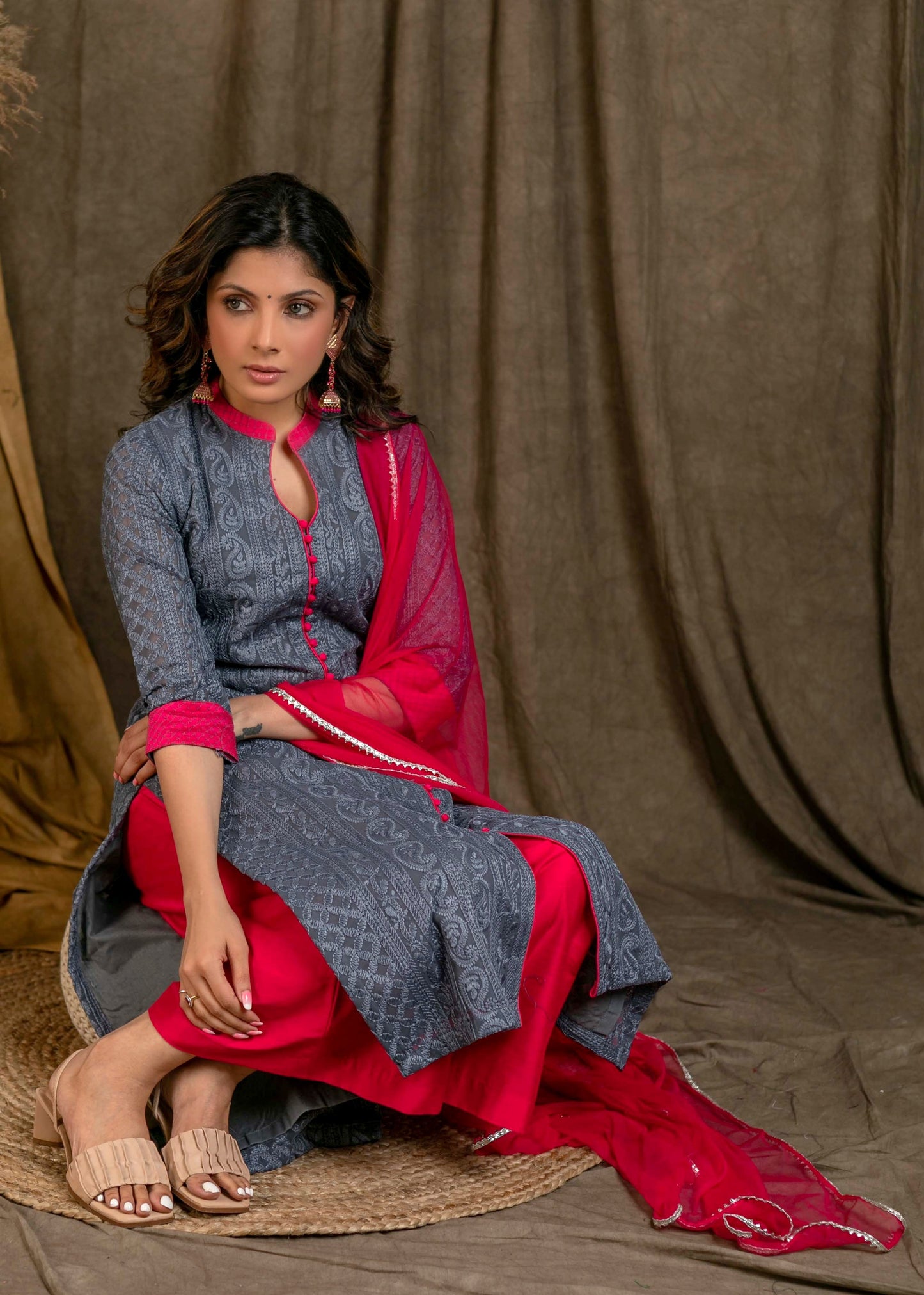 Gorgeous Grey Chikankari Straight Cut Kurta Palazzo Set with Contrast Magenta Details - Dupatta Optional