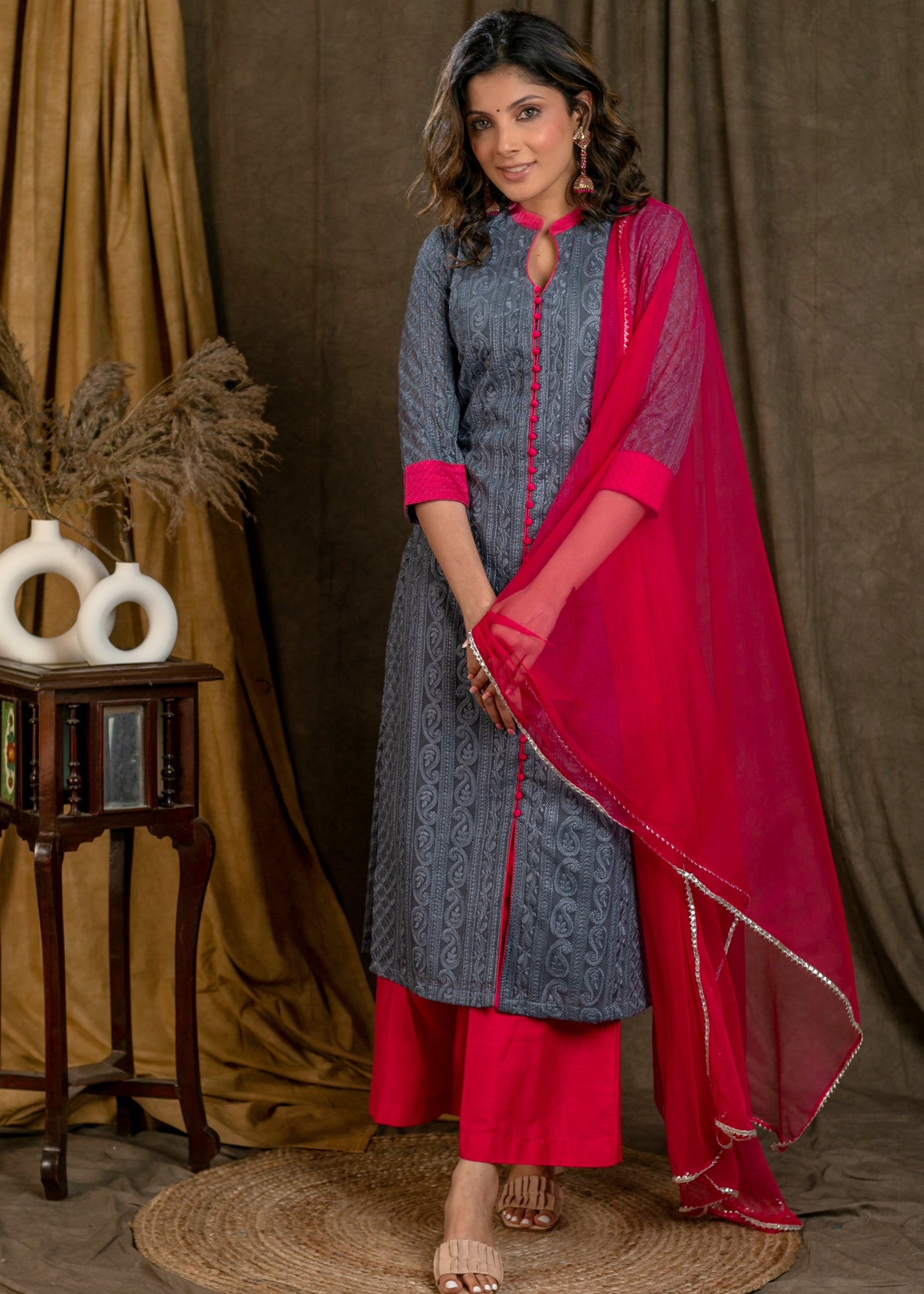 Gorgeous Grey Chikankari Straight Cut Kurta Palazzo Set with Contrast Magenta Details - Dupatta Optional