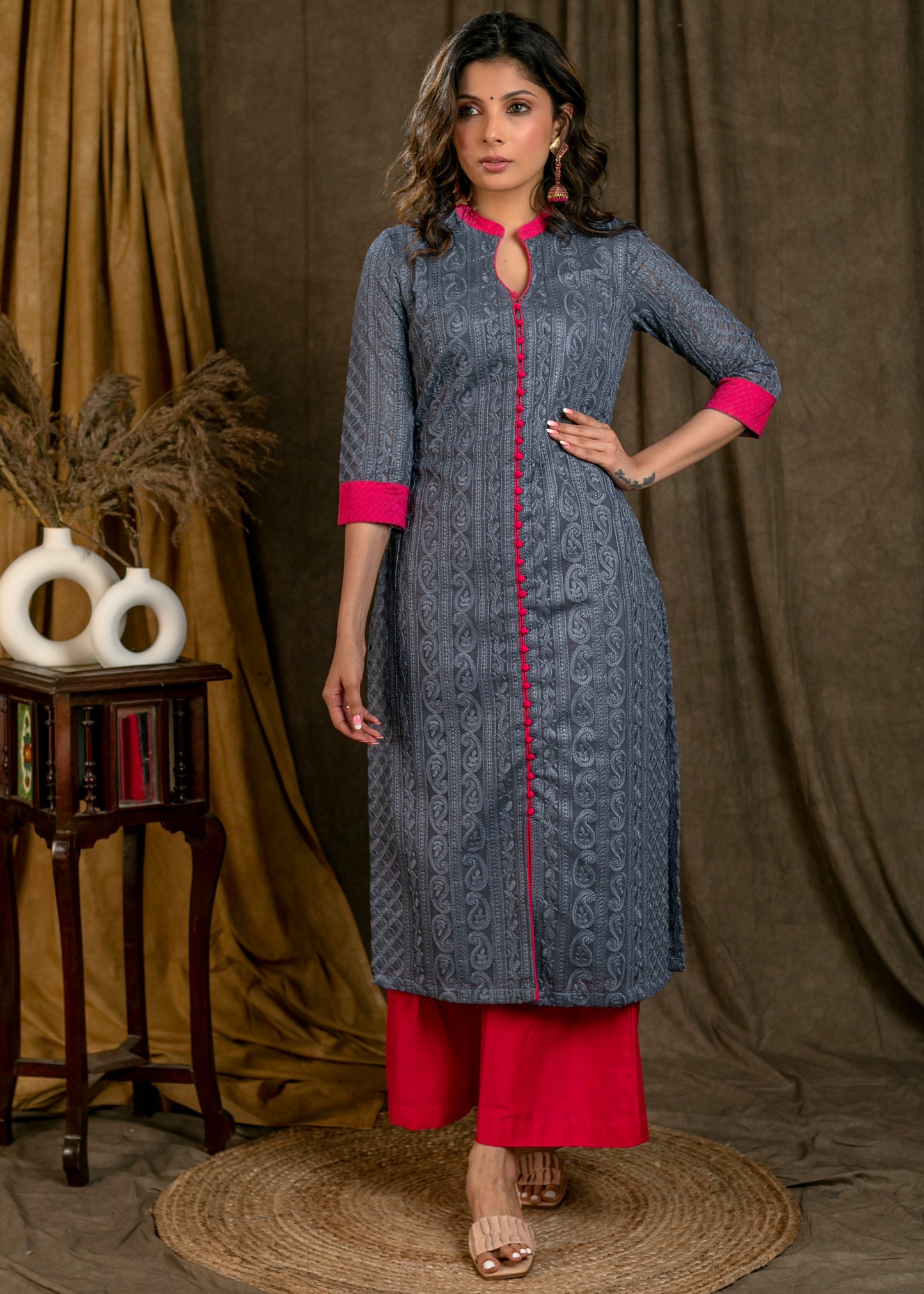 Gorgeous Grey Chikankari Straight Cut Kurta Palazzo Set with Contrast Magenta Details - Dupatta Optional