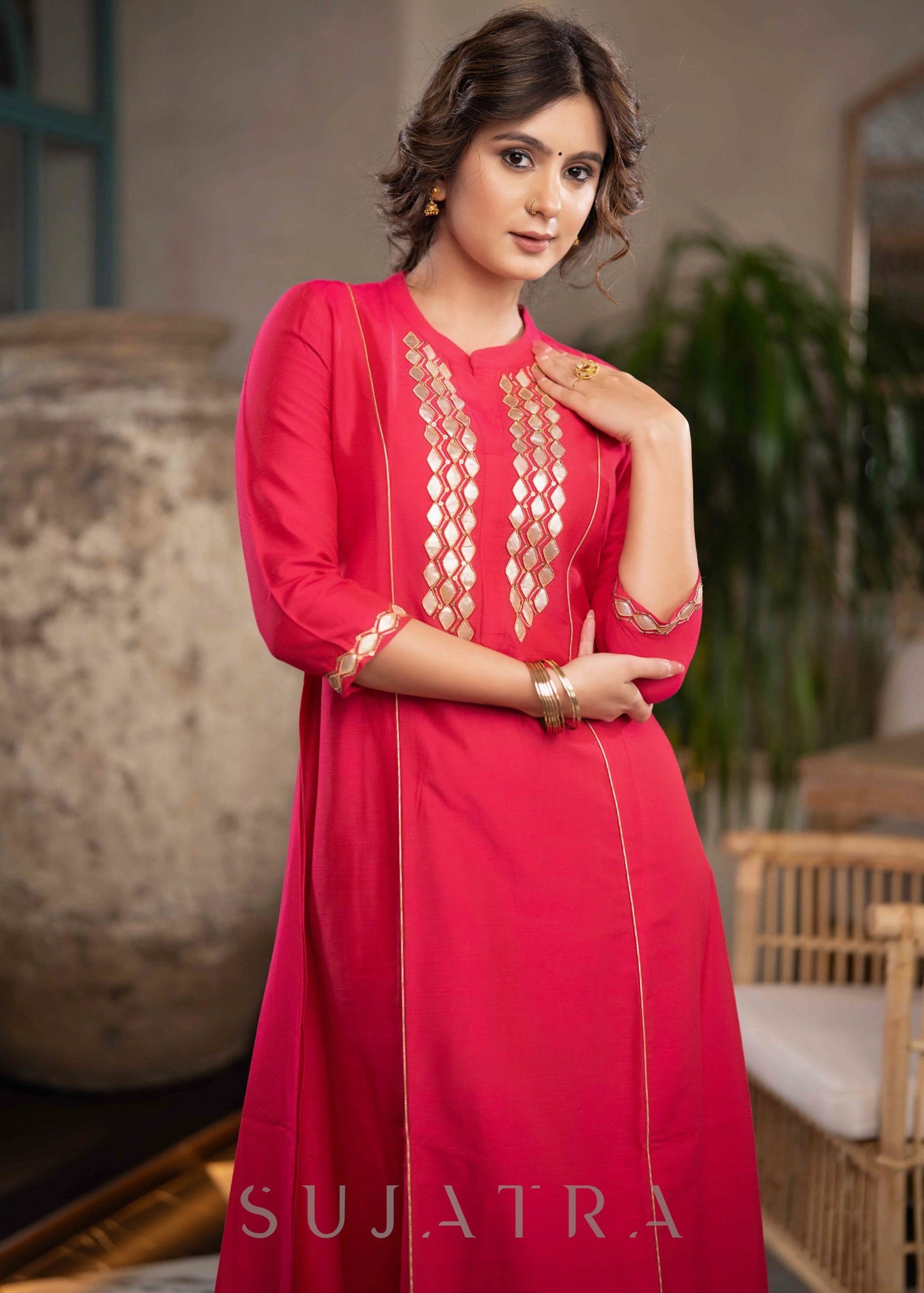 Exclusive Magenta Cotton Silk Kurta With Gota Work On Yoke & Sleeves - Pant Optional