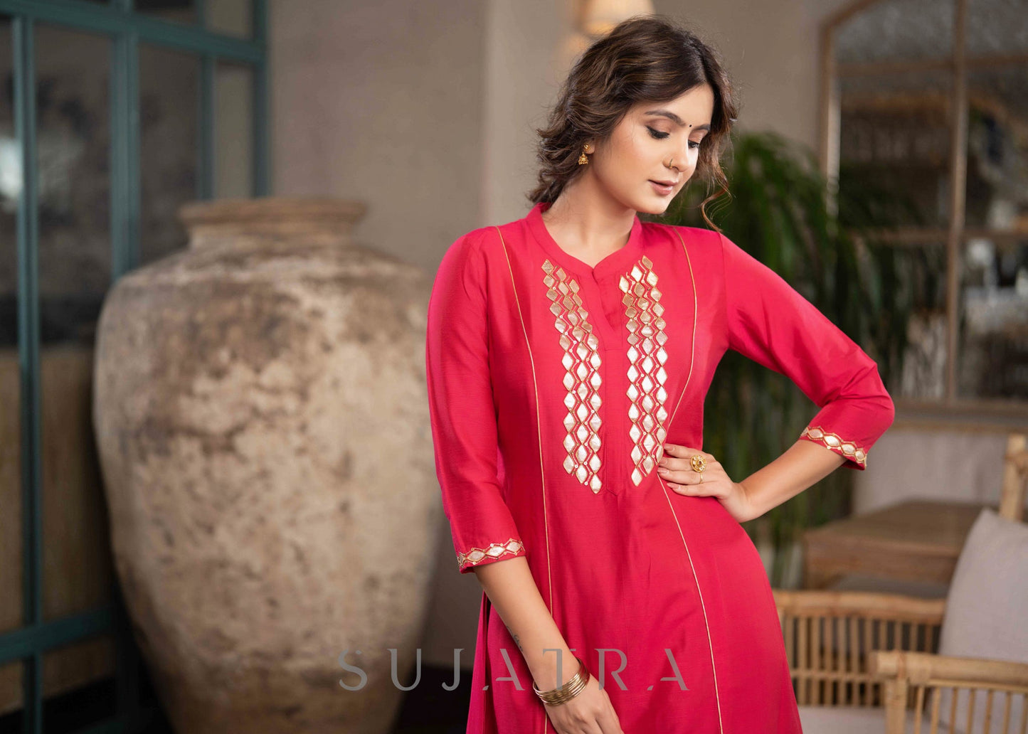 Exclusive Magenta Cotton Silk Kurta With Gota Work On Yoke & Sleeves - Pant Optional