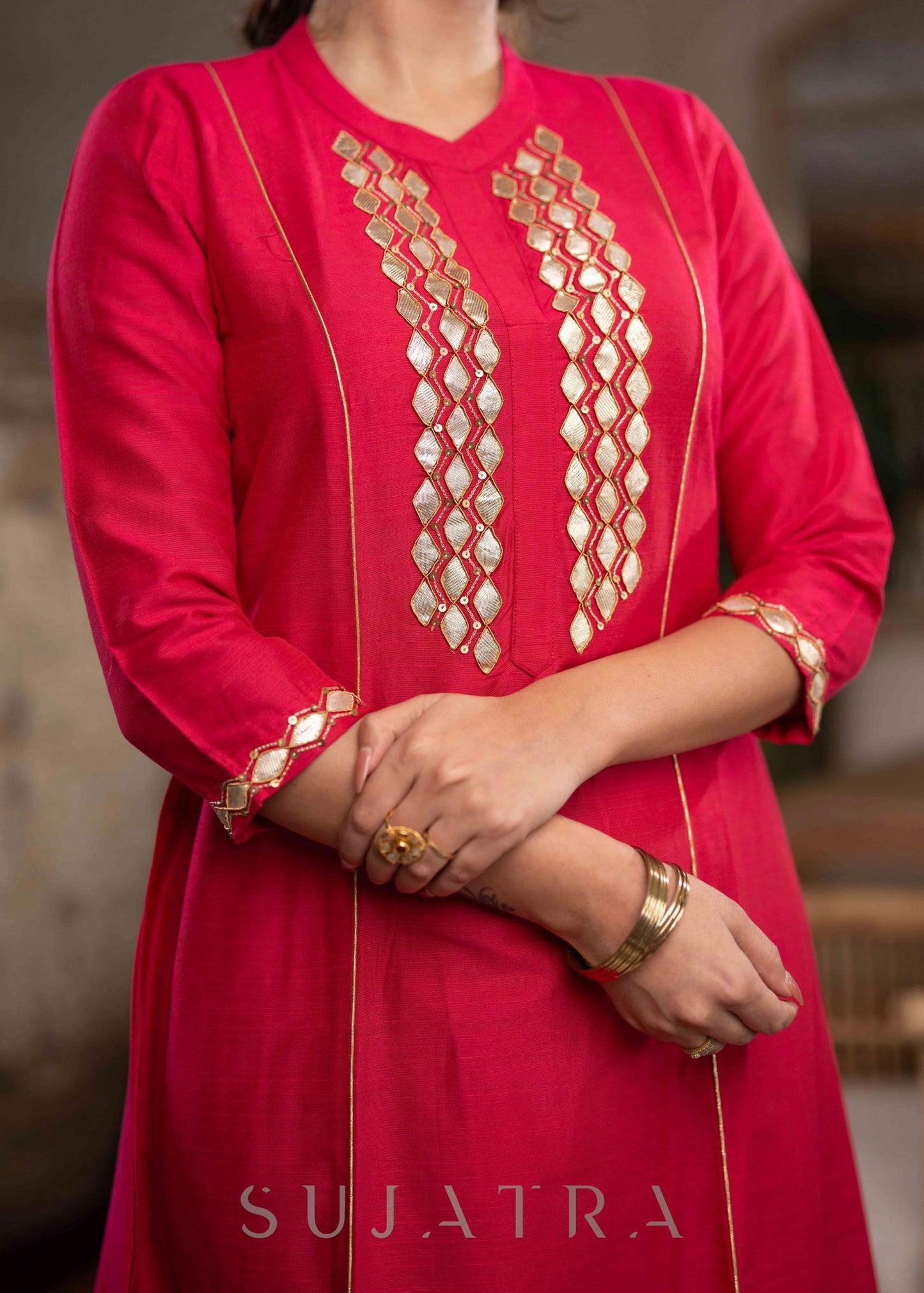 Exclusive Magenta Cotton Silk Kurta With Gota Work On Yoke & Sleeves - Pant Optional