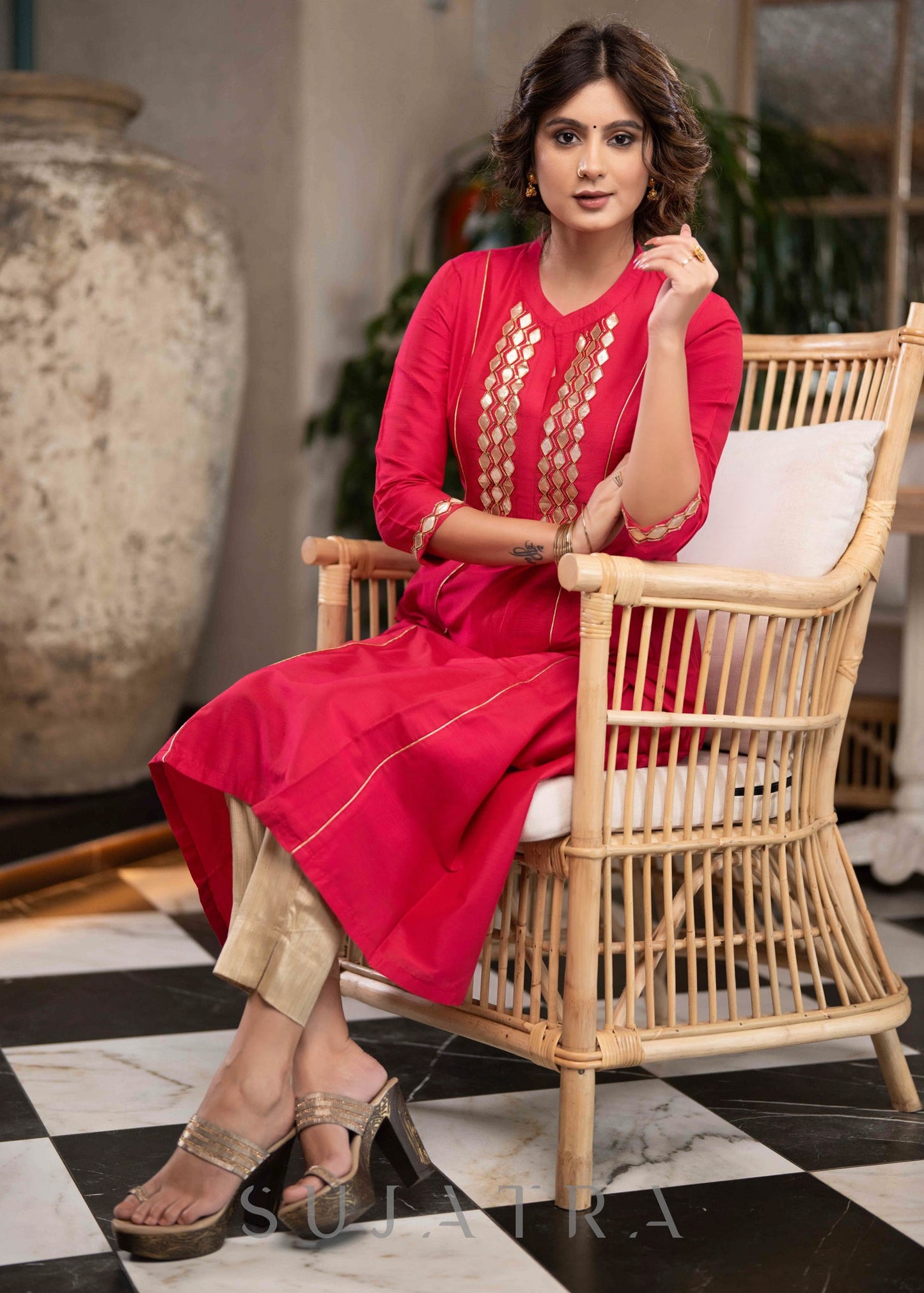 Exclusive Magenta Cotton Silk Kurta With Gota Work On Yoke & Sleeves - Pant Optional