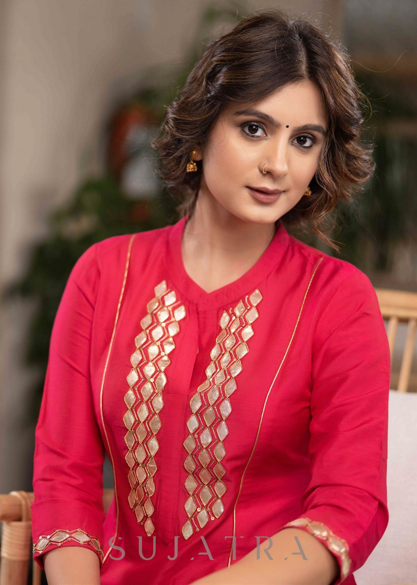 Exclusive Magenta Cotton Silk Kurta With Gota Work On Yoke & Sleeves - Pant Optional