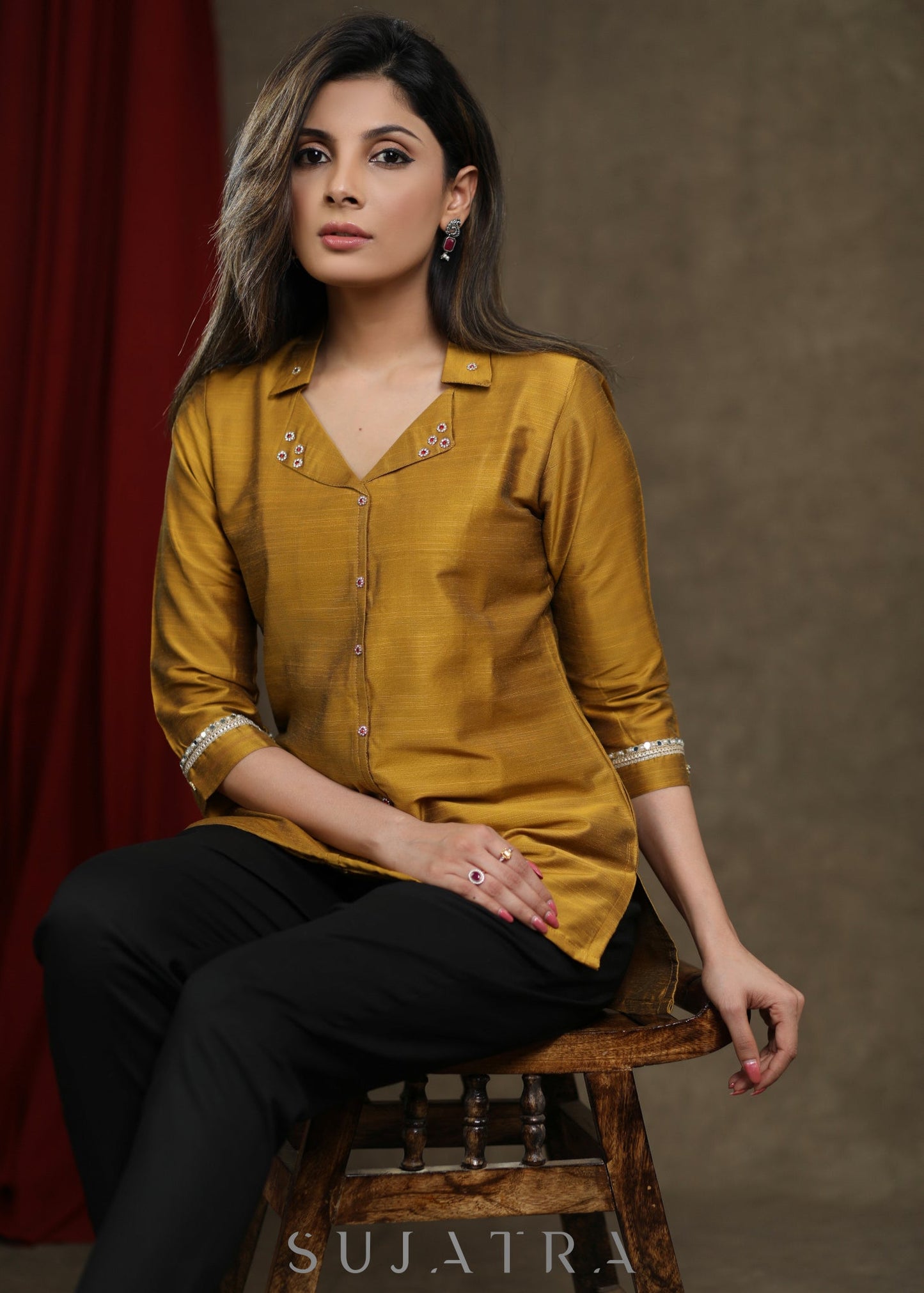 Mustard Cotton Silk Top with Elegant Stone Work