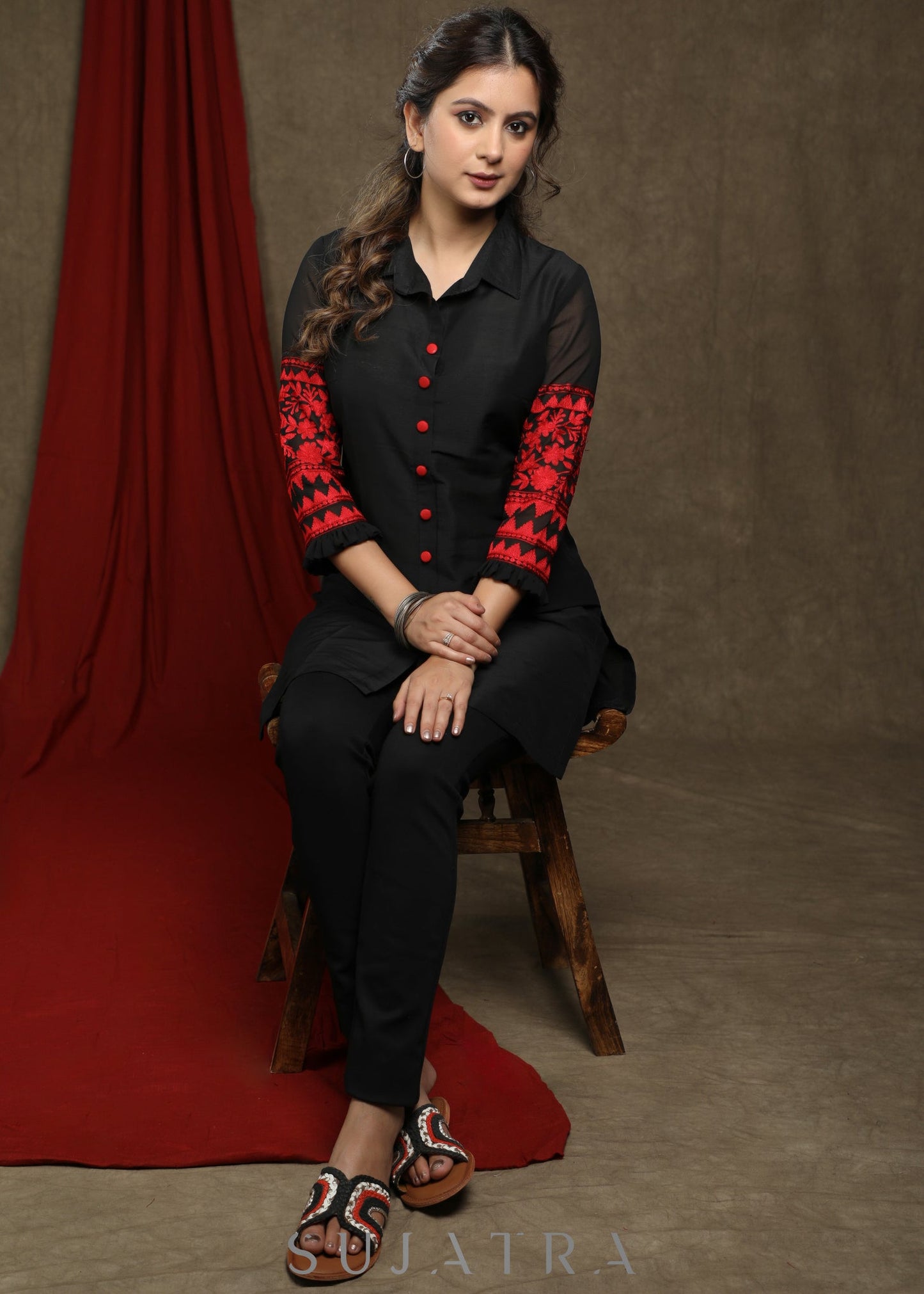 Smart Black Cotton Silk tunic with red embroiderd sleeves