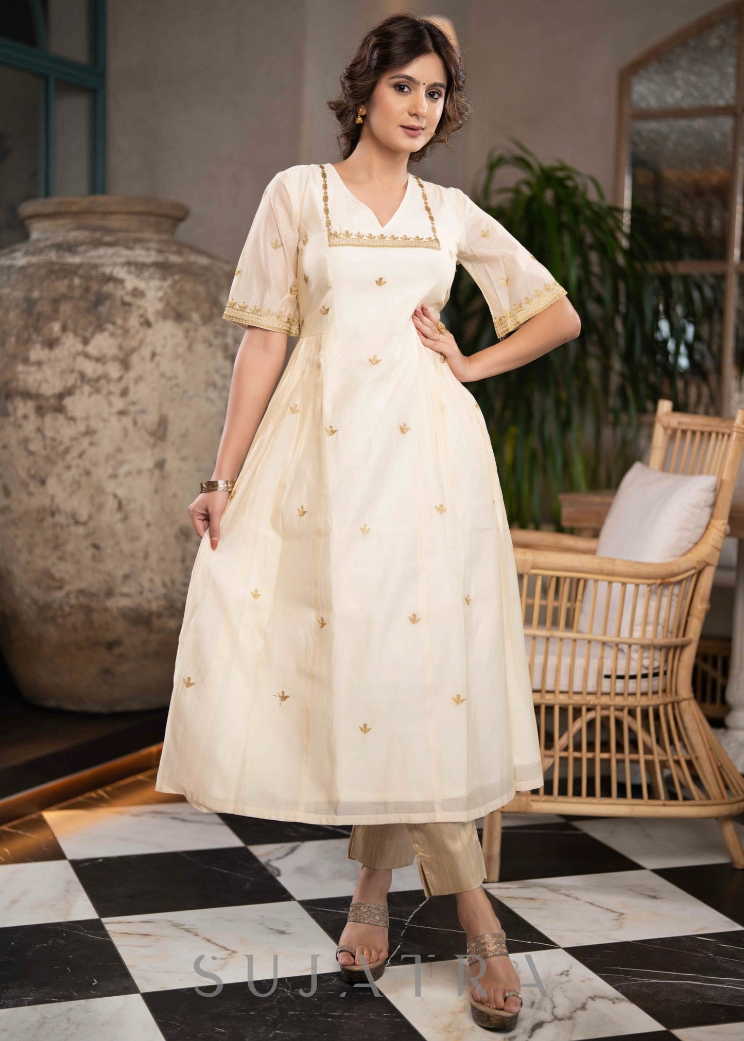Elegant Off White Chanderi Kurta With Gold Embroidery All Over - Pant Optional