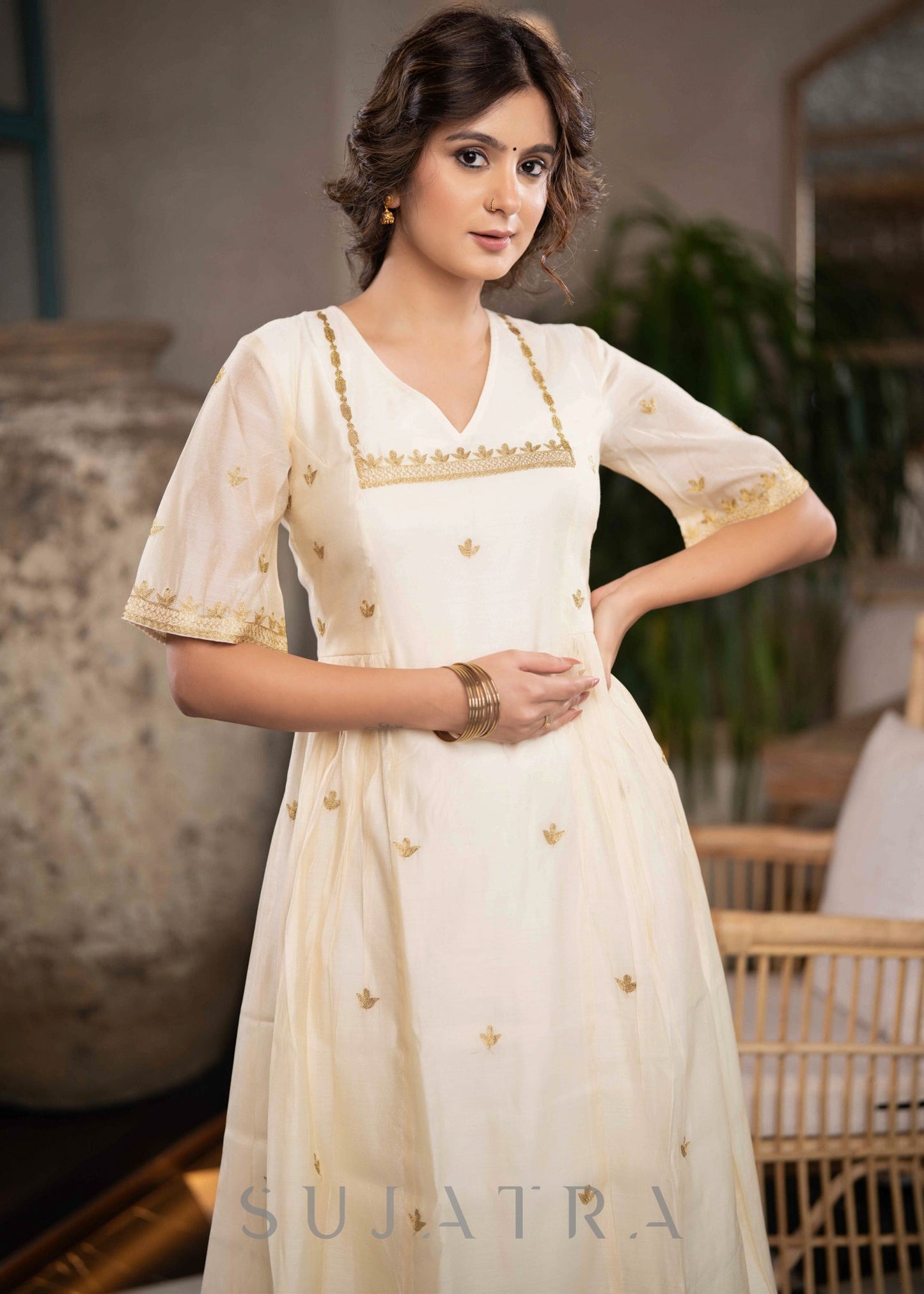 Elegant Off White Chanderi Kurta With Gold Embroidery All Over - Pant Optional