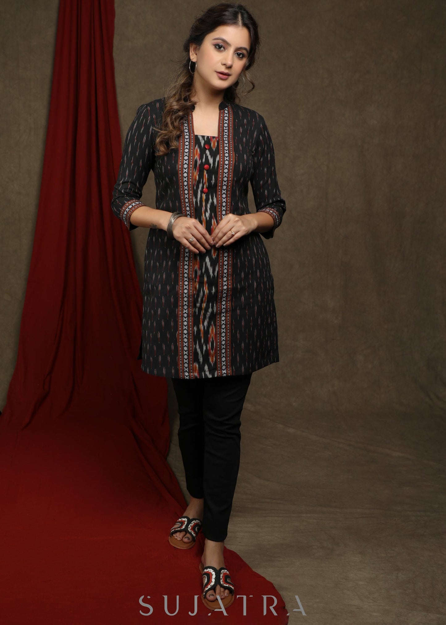 Trendy black ikat combination tunic with mandarin collar