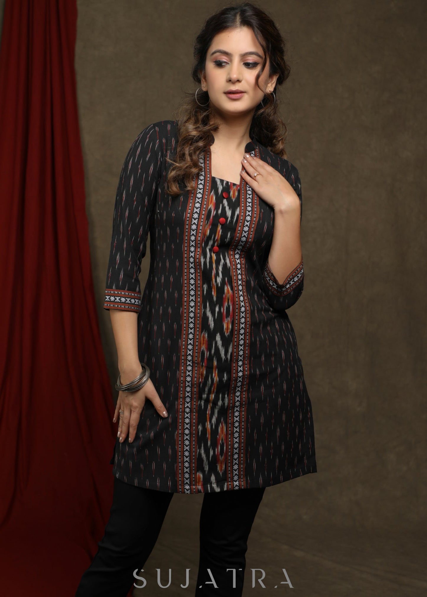 Trendy black ikat combination tunic with mandarin collar