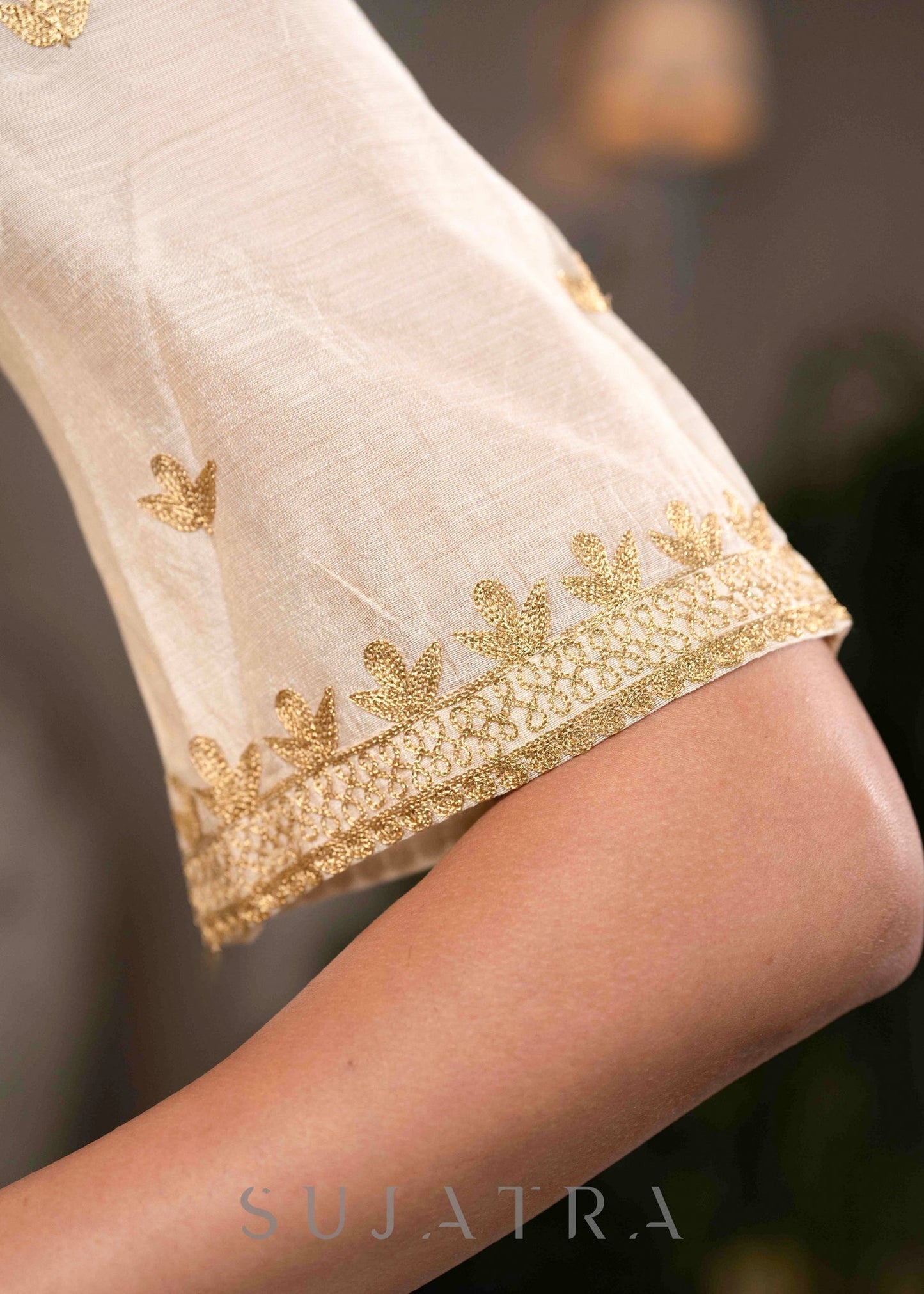 Elegant Off White Chanderi Kurta With Gold Embroidery All Over - Pant Optional