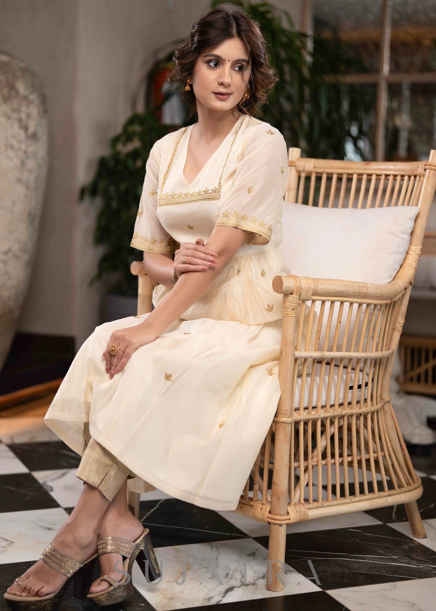 Elegant Off White Chanderi Kurta With Gold Embroidery All Over - Pant Optional