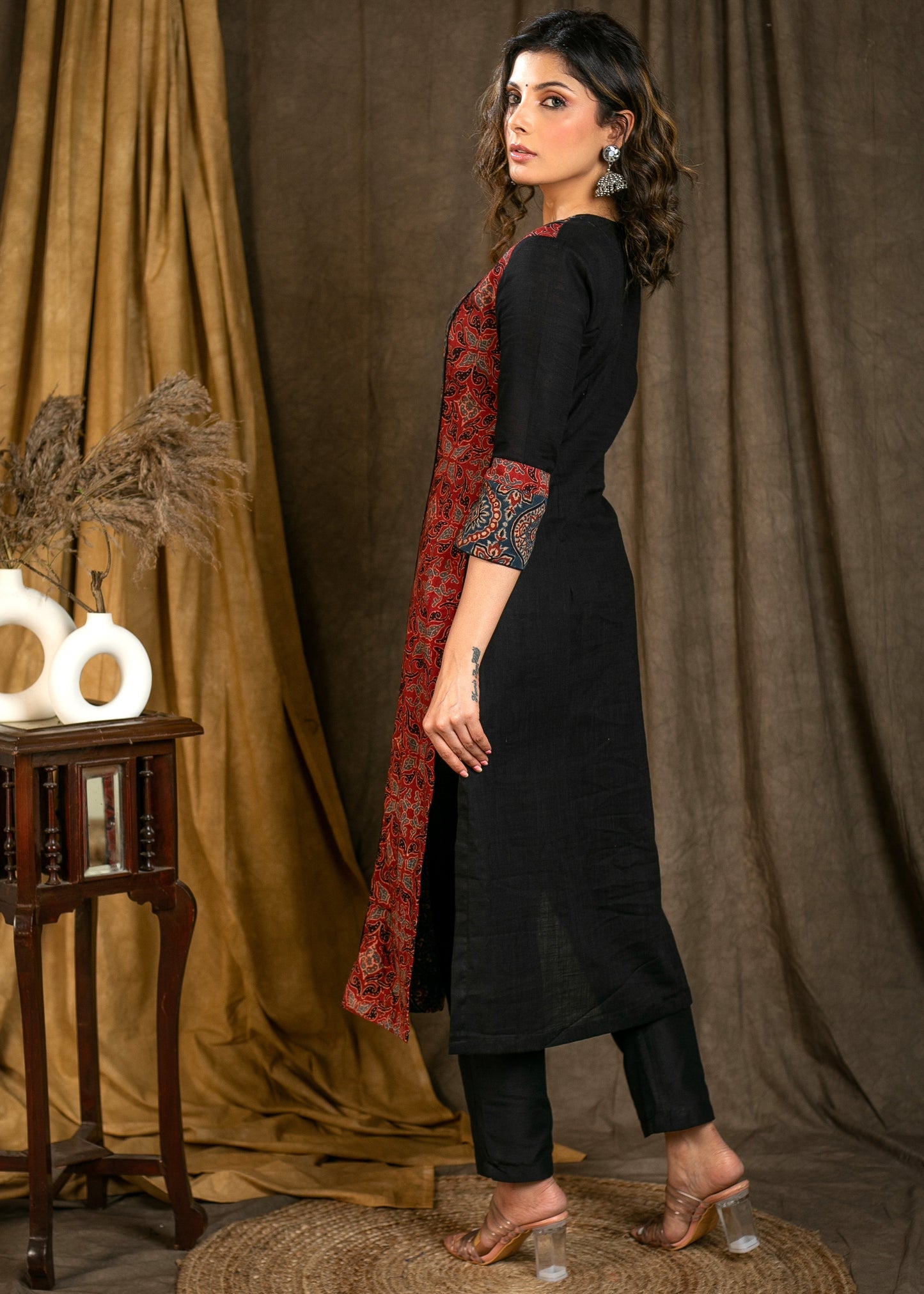 Beautiful Blue Ajrakh Staight Cut kurta with Rust Maroon Panel - Pant Optional
