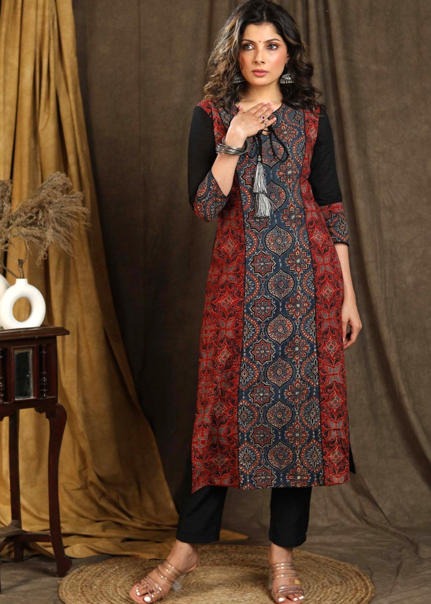 Beautiful Blue Ajrakh Staight Cut kurta with Rust Maroon Panel - Pant Optional