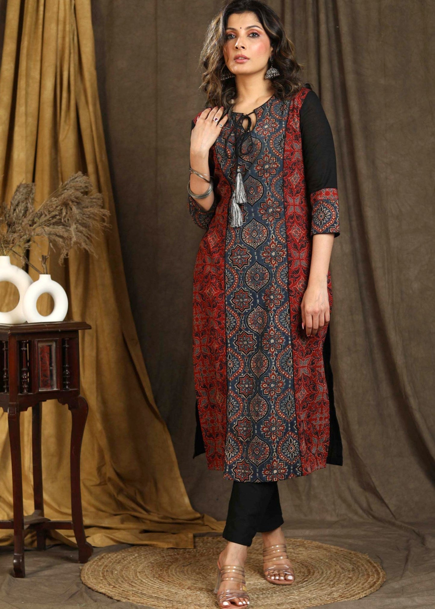 Beautiful Blue Ajrakh Staight Cut kurta with Rust Maroon Panel - Pant Optional