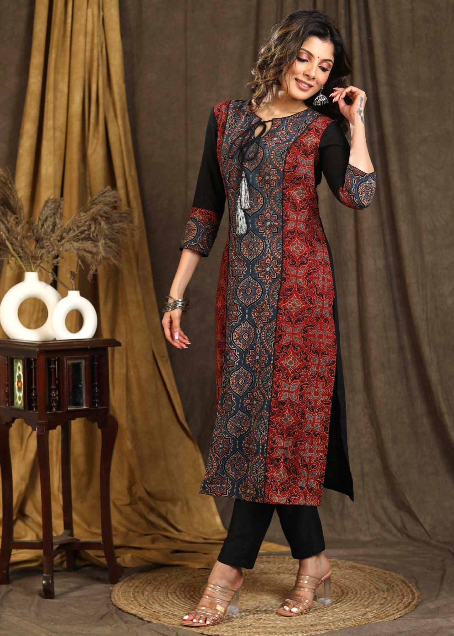 Beautiful Blue Ajrakh Staight Cut kurta with Rust Maroon Panel - Pant Optional