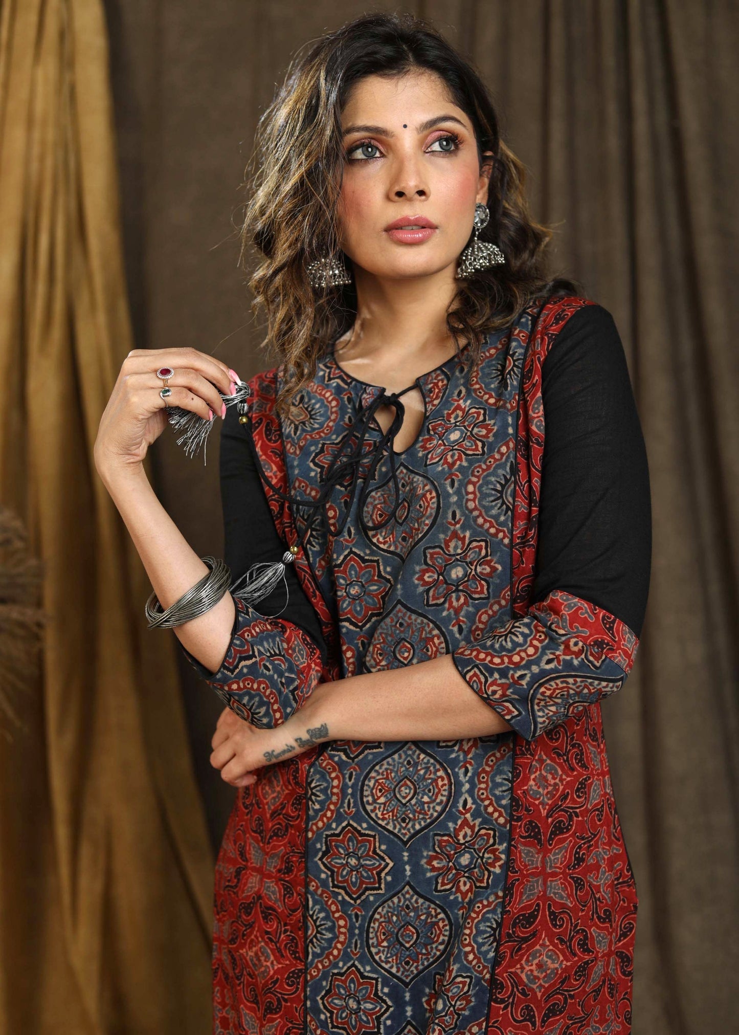 Beautiful Blue Ajrakh Staight Cut kurta with Rust Maroon Panel - Pant Optional