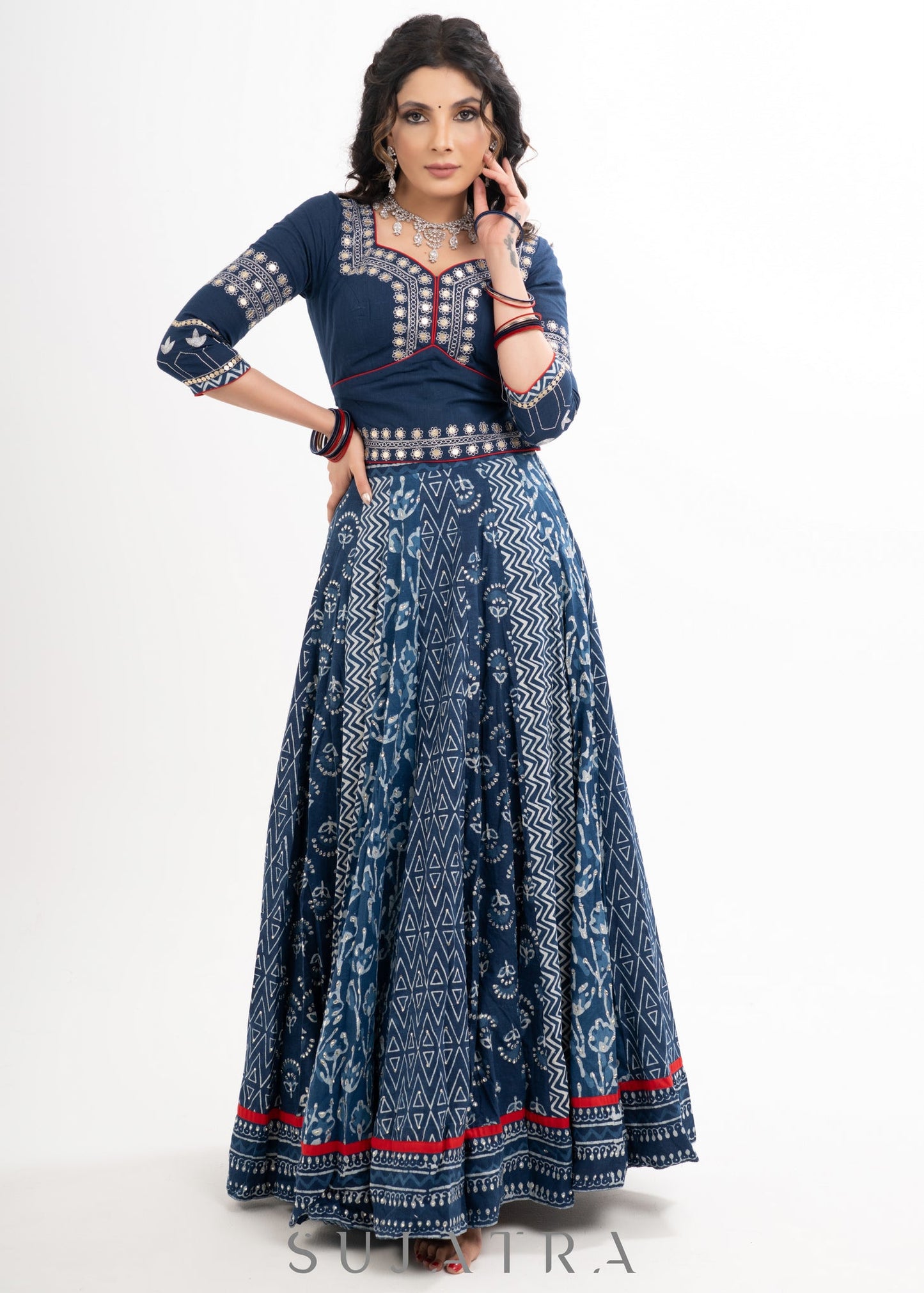 Block Printed Indigo Cotton Lehenga with Exquisite Hand Embroidered Blouse & Indigo Dupatta