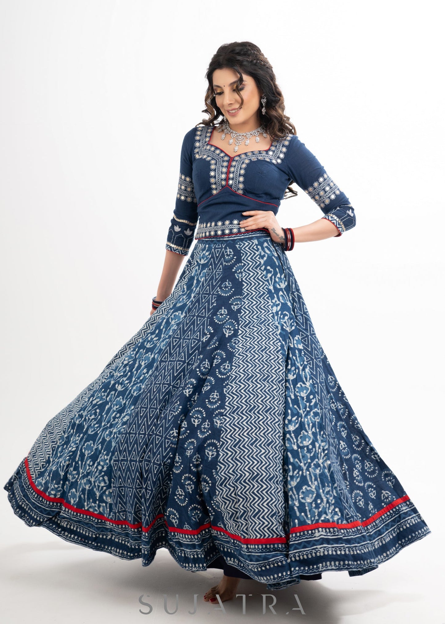 Block Printed Indigo Cotton Lehenga with Exquisite Hand Embroidered Blouse & Indigo Dupatta