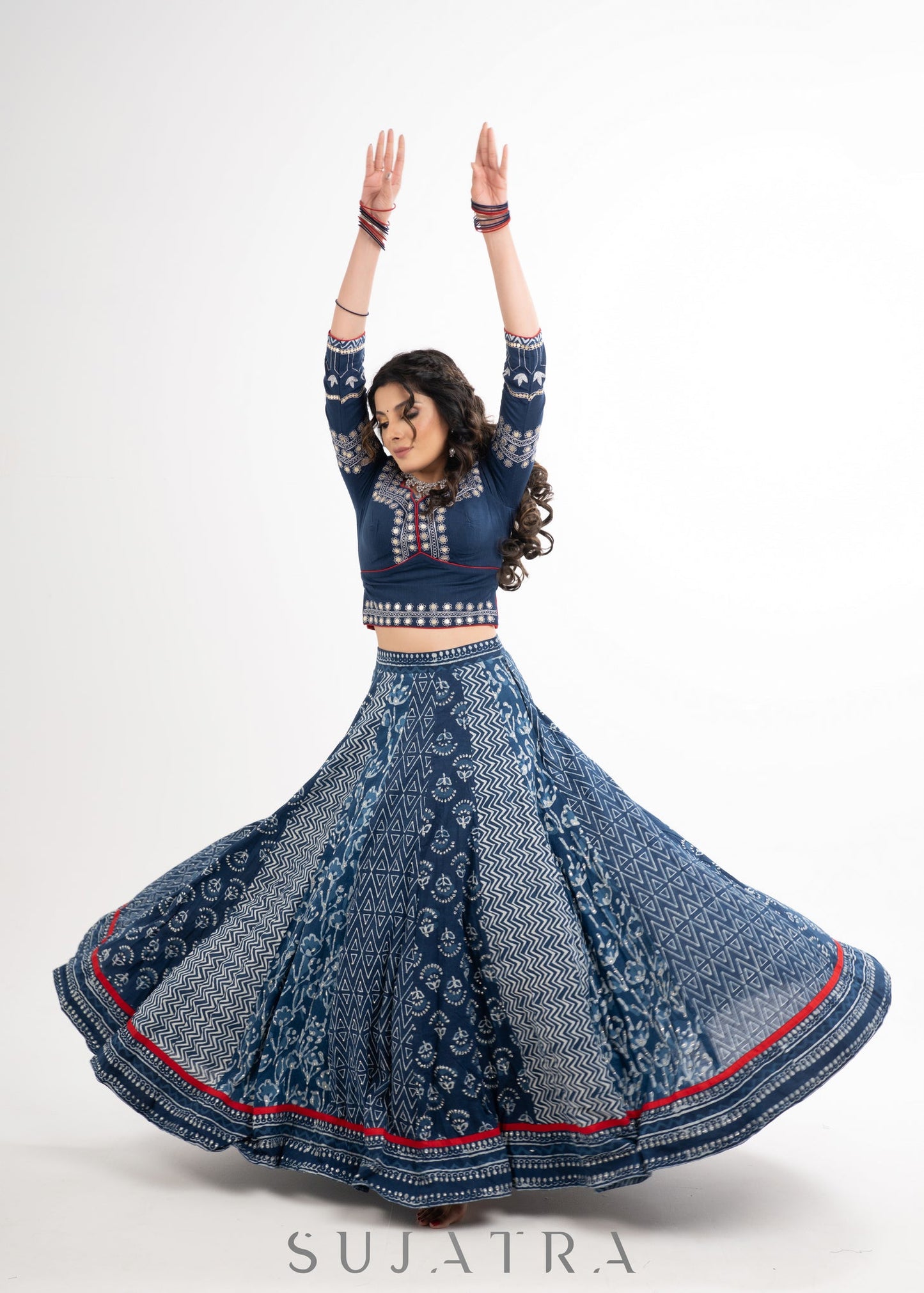 Block Printed Indigo Cotton Lehenga with Exquisite Hand Embroidered Blouse & Indigo Dupatta
