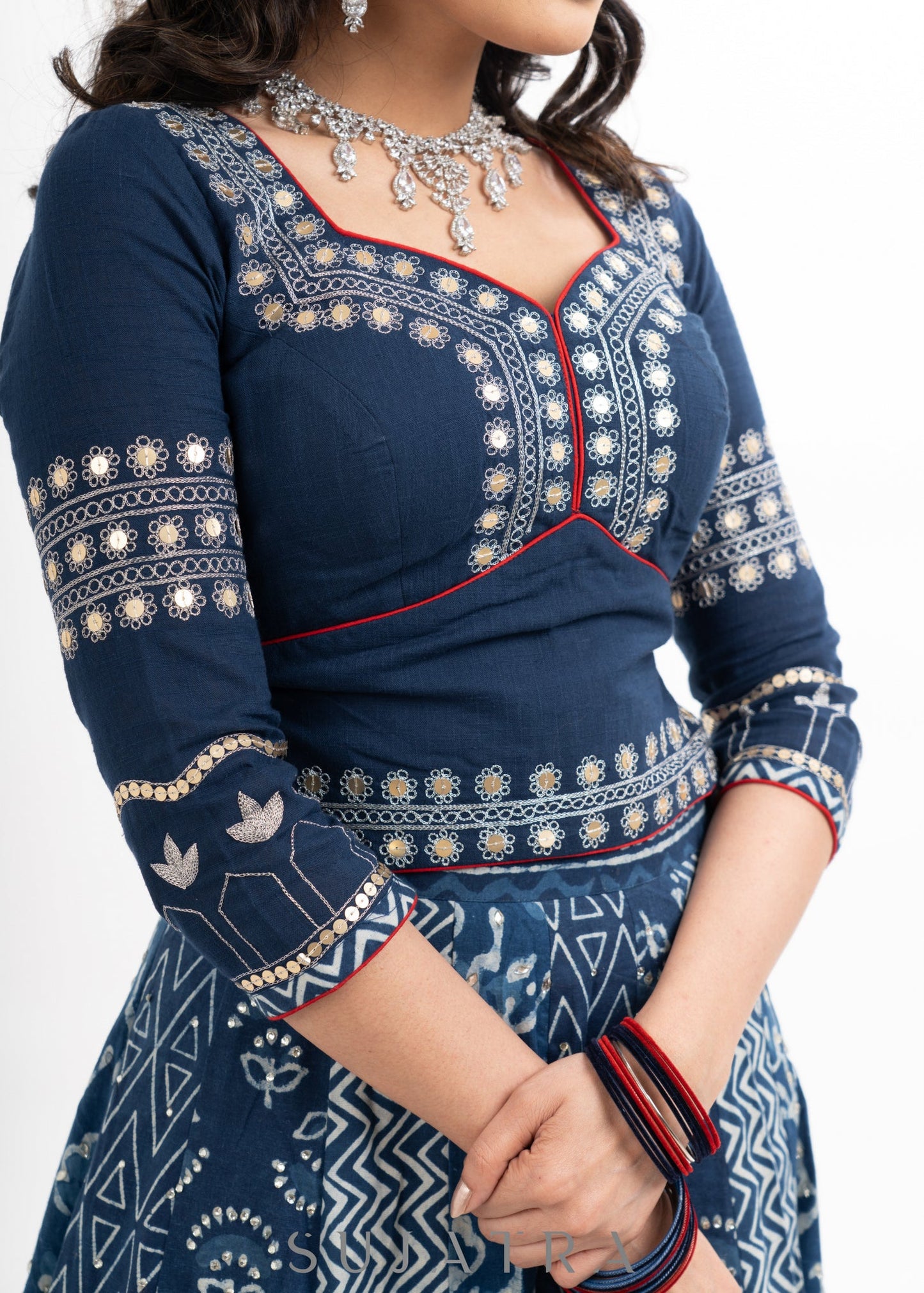 Block Printed Indigo Cotton Lehenga with Exquisite Hand Embroidered Blouse & Indigo Dupatta