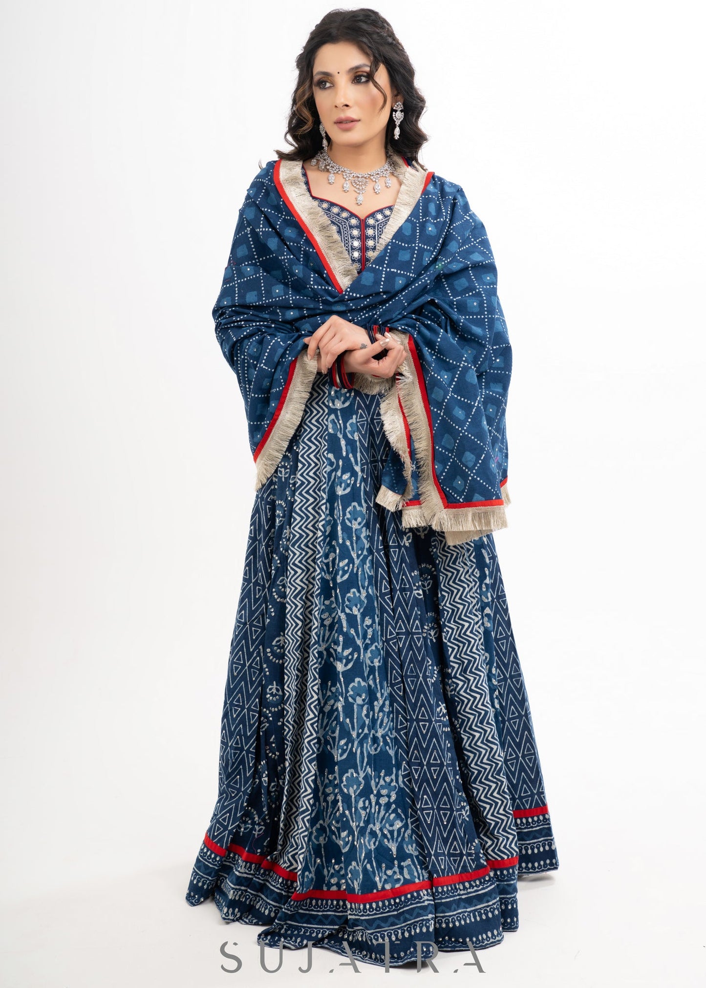 Block Printed Indigo Cotton Lehenga with Exquisite Hand Embroidered Blouse & Indigo Dupatta
