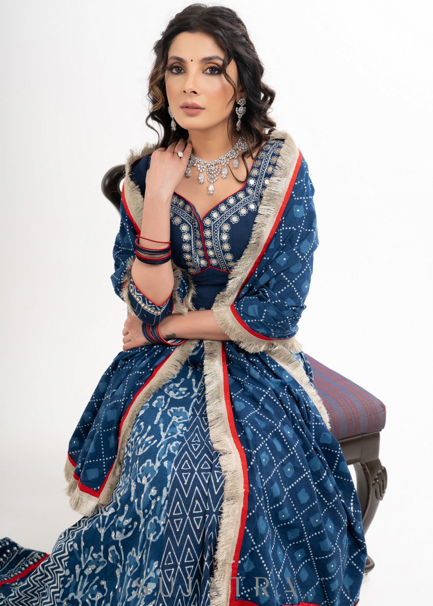 Block Printed Indigo Cotton Lehenga with Exquisite Hand Embroidered Blouse & Indigo Dupatta