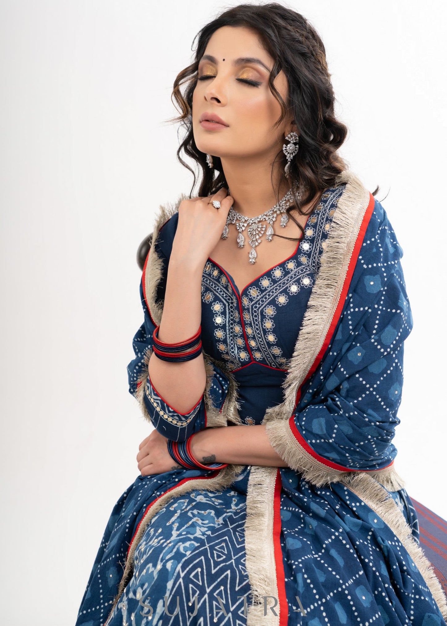 Block Printed Indigo Cotton Lehenga with Exquisite Hand Embroidered Blouse & Indigo Dupatta
