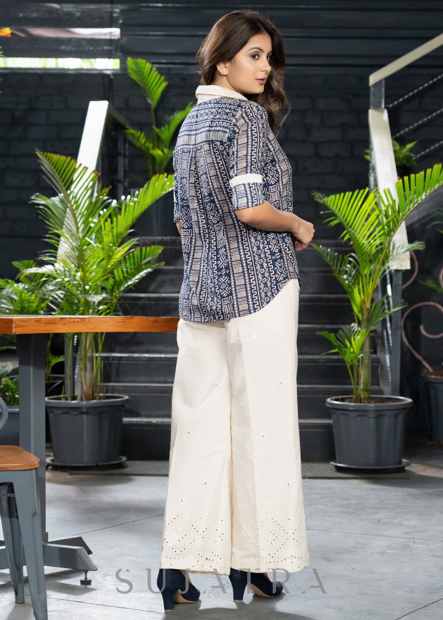 Casual Navy Blue Printed Shirt with Wooden Buttons & White Detailing
