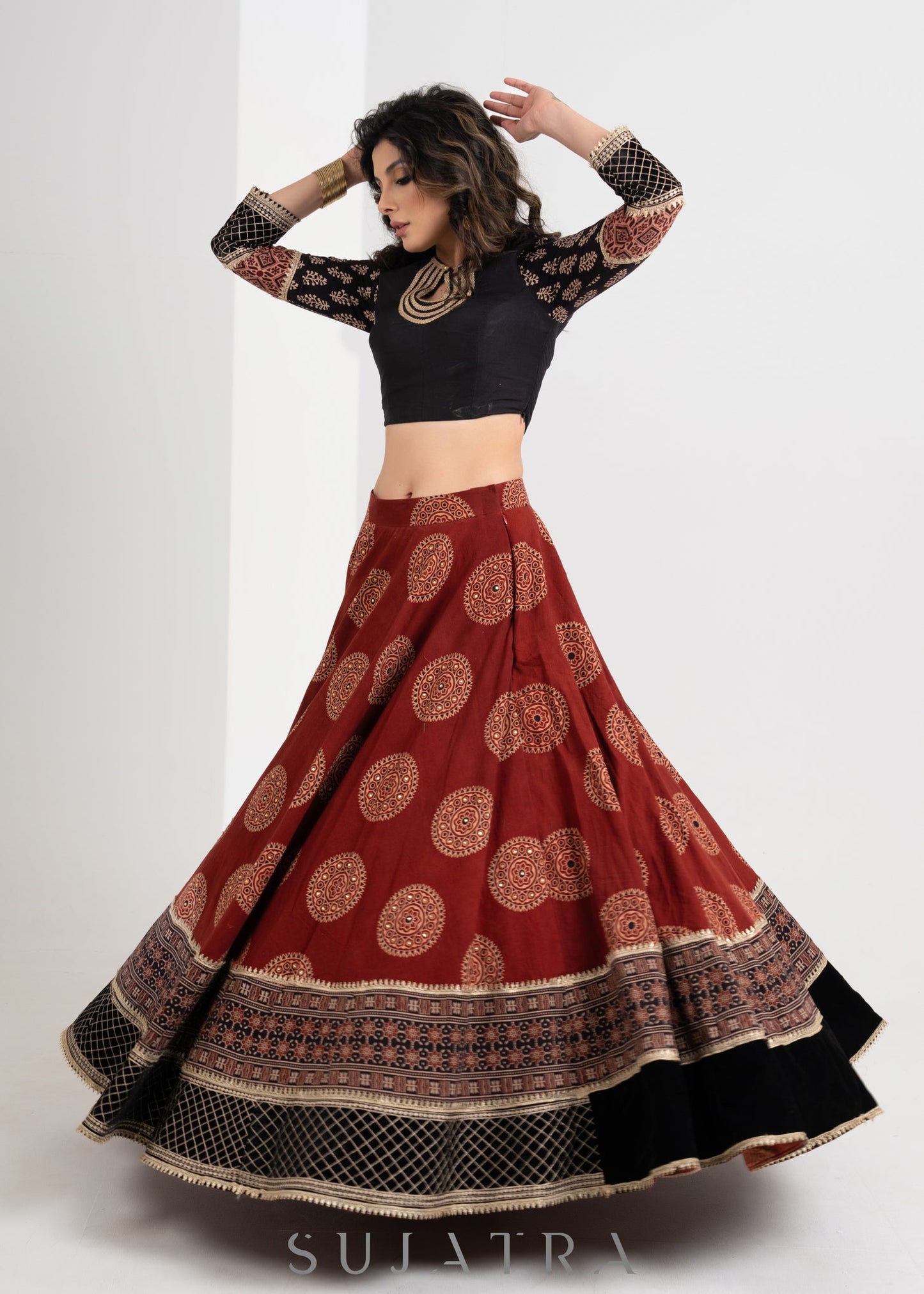 Designer Maroon Ajrakh cotton Lehenga with Black Embroidered blouse & gerogette dupatta