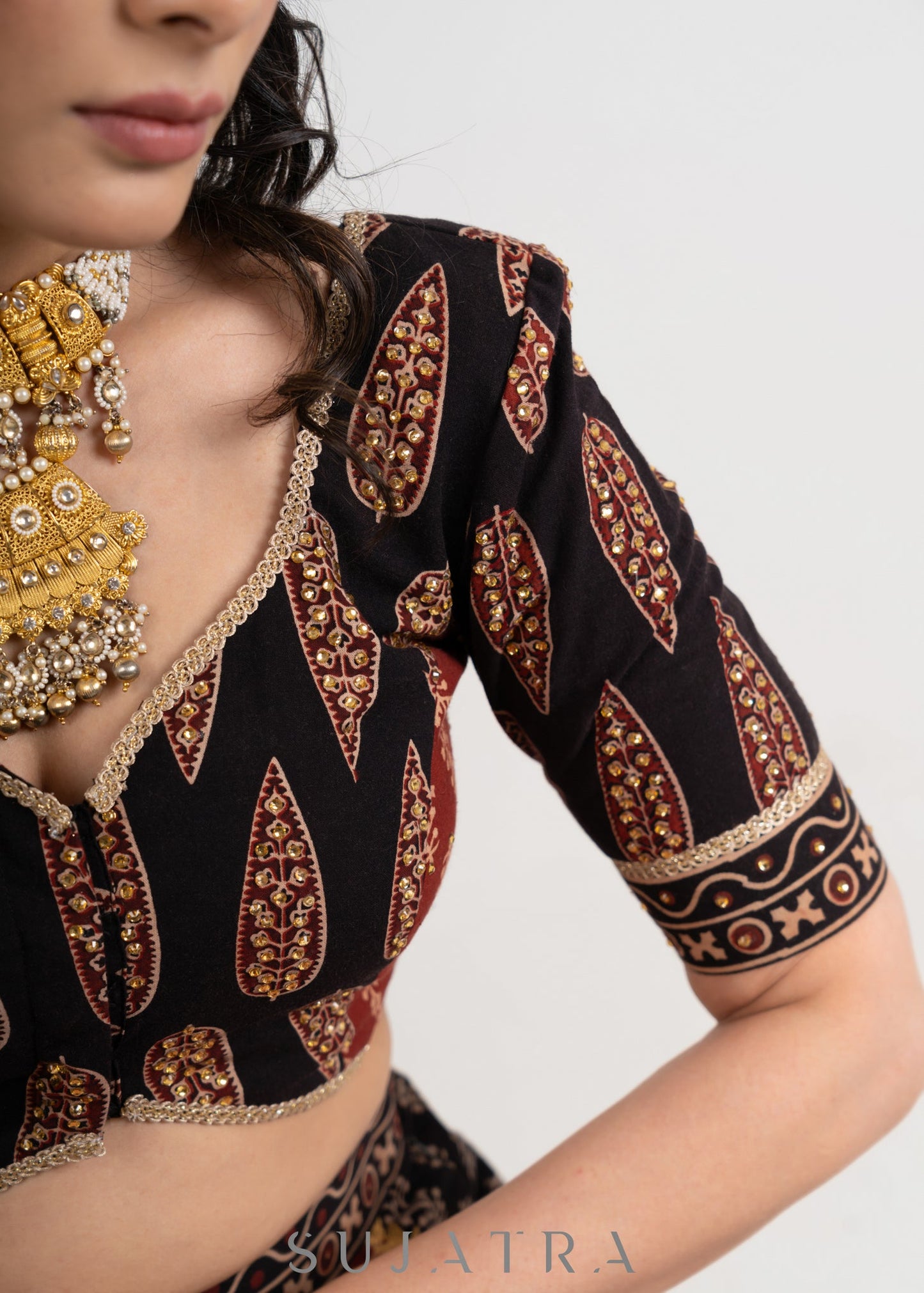 Black & Maroon Block printed Cotton Ajrakh Embroidered Lehenga with Georgette Dupatta