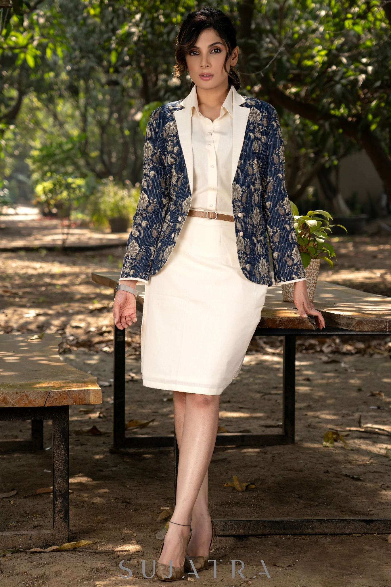 Stylish navy blue cotton floral kantha semi formal blazer with optional skirt