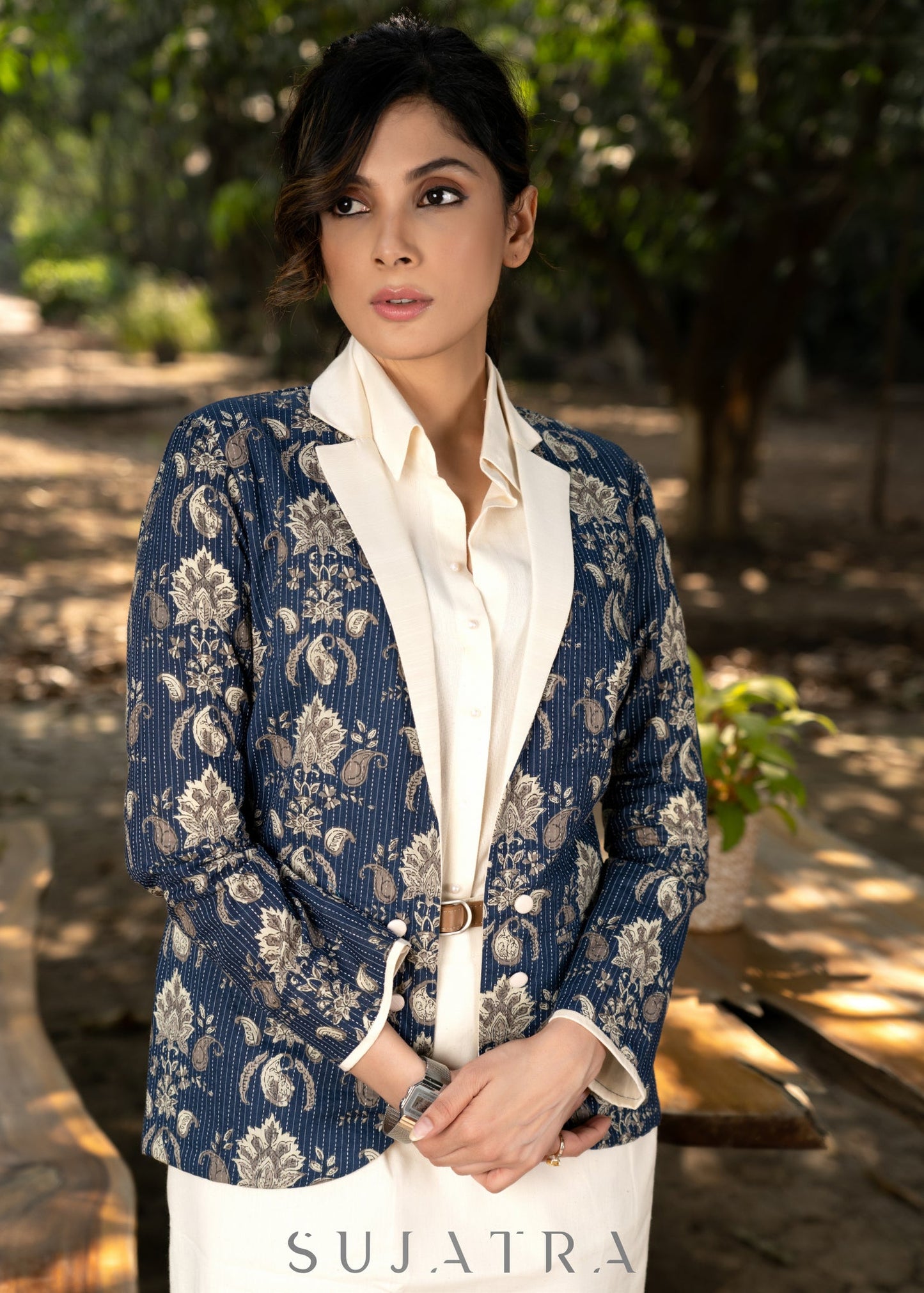 Stylish navy blue cotton floral kantha semi formal blazer with optional skirt