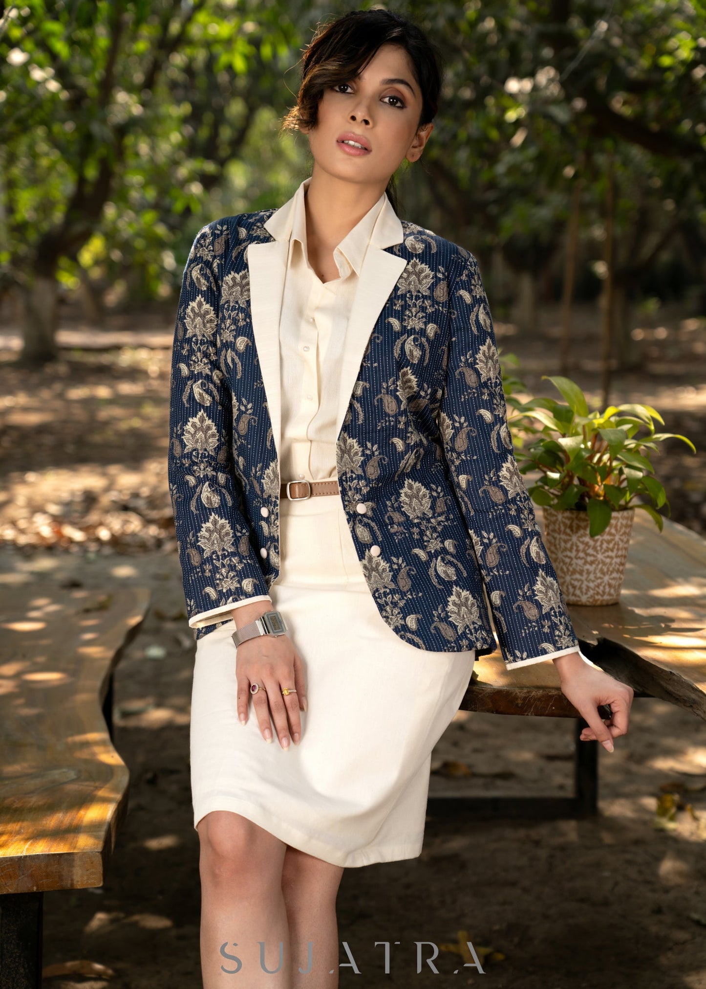 Stylish navy blue cotton floral kantha semi formal blazer with optional skirt