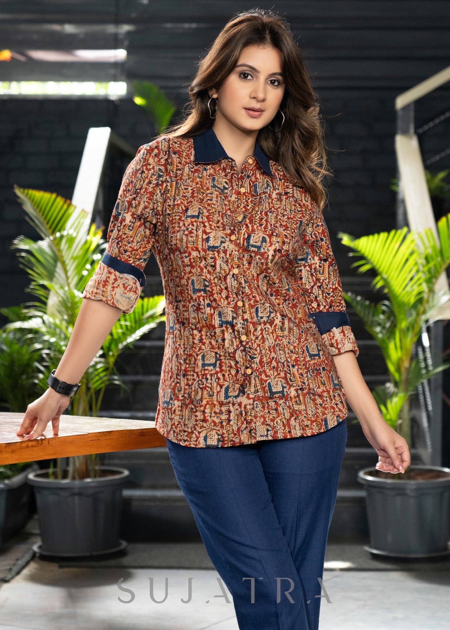 Smart Maroon Kalamkari Cotton Shirt with Navy Blue Detailing