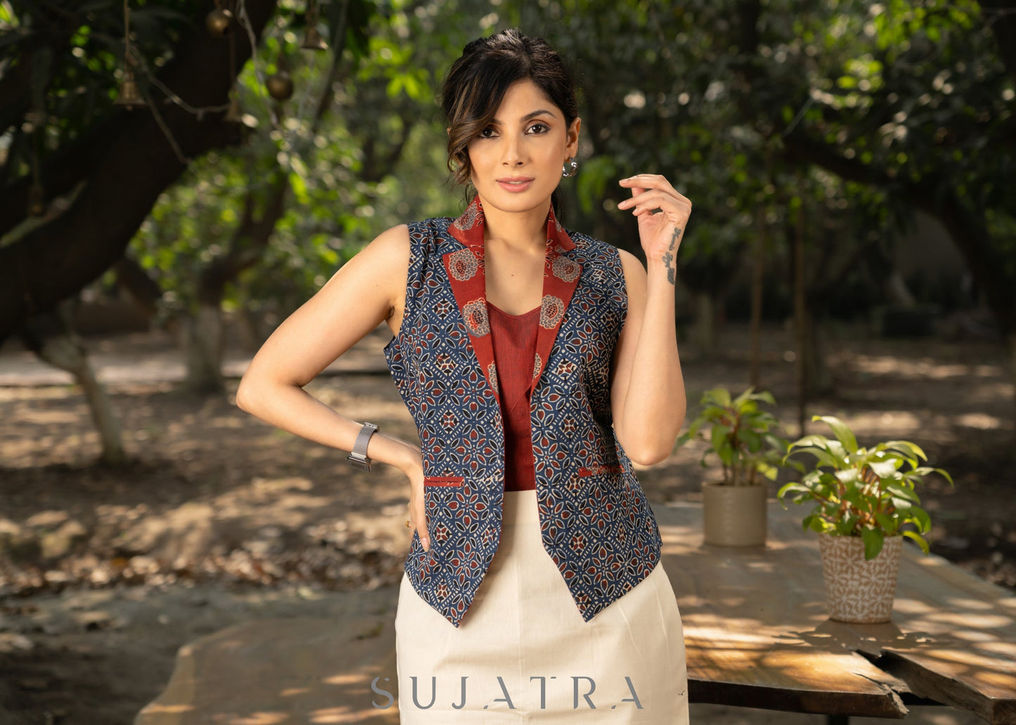 Trendy blue cotton ajrakh casual waistcoat with optional skirt