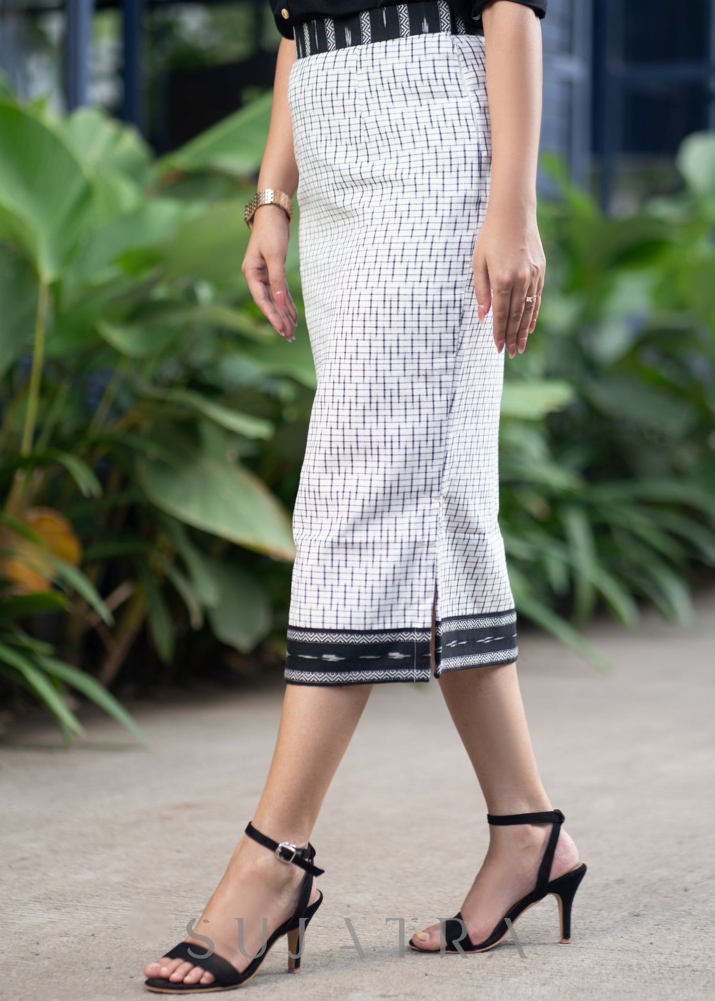 Trendy Indo Western White Ikat Skirt Black Cotton Silk Shirt Optional