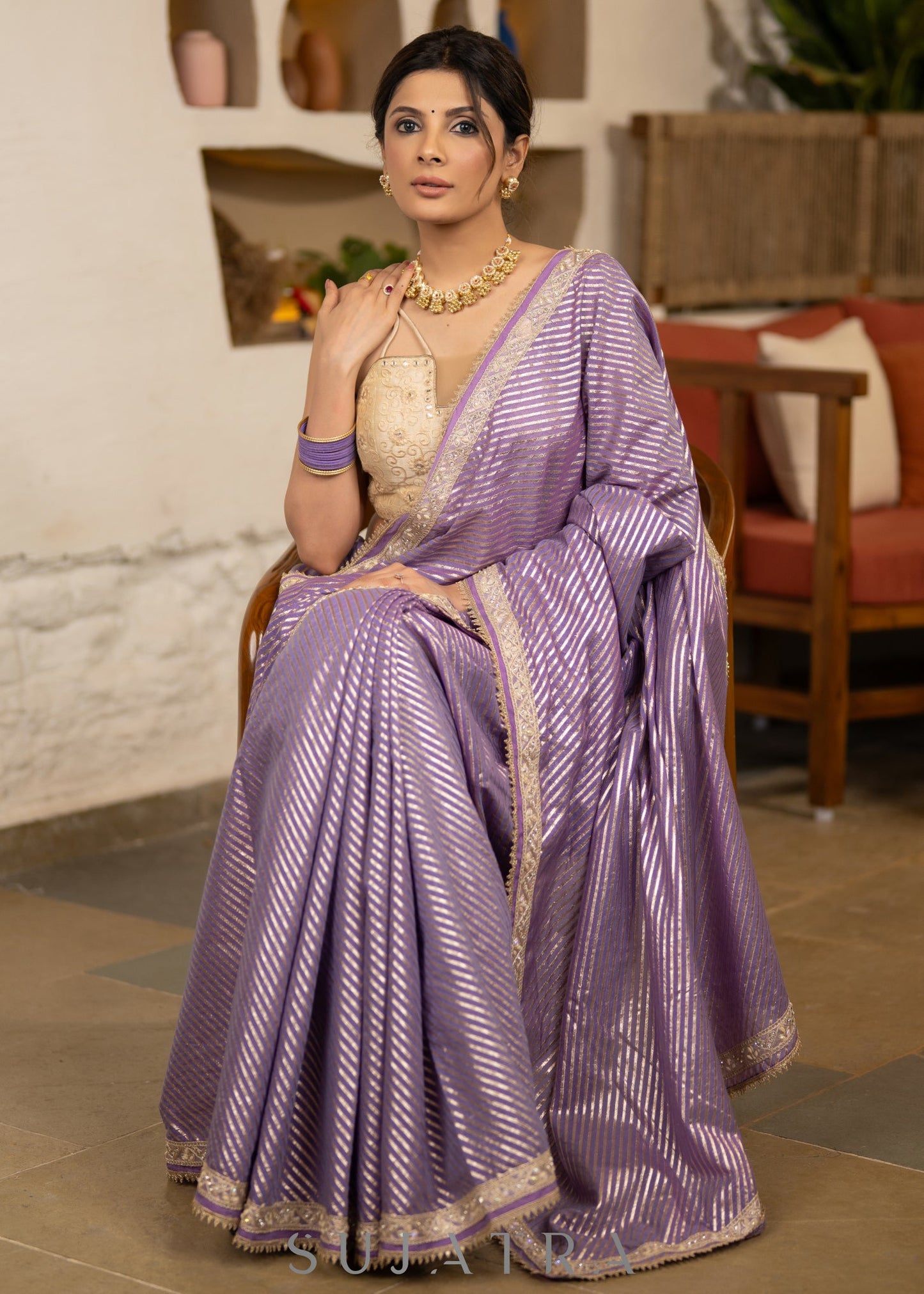 Gracious Lilac Striped Banarasi Saree Highlighted With Pearl Lace