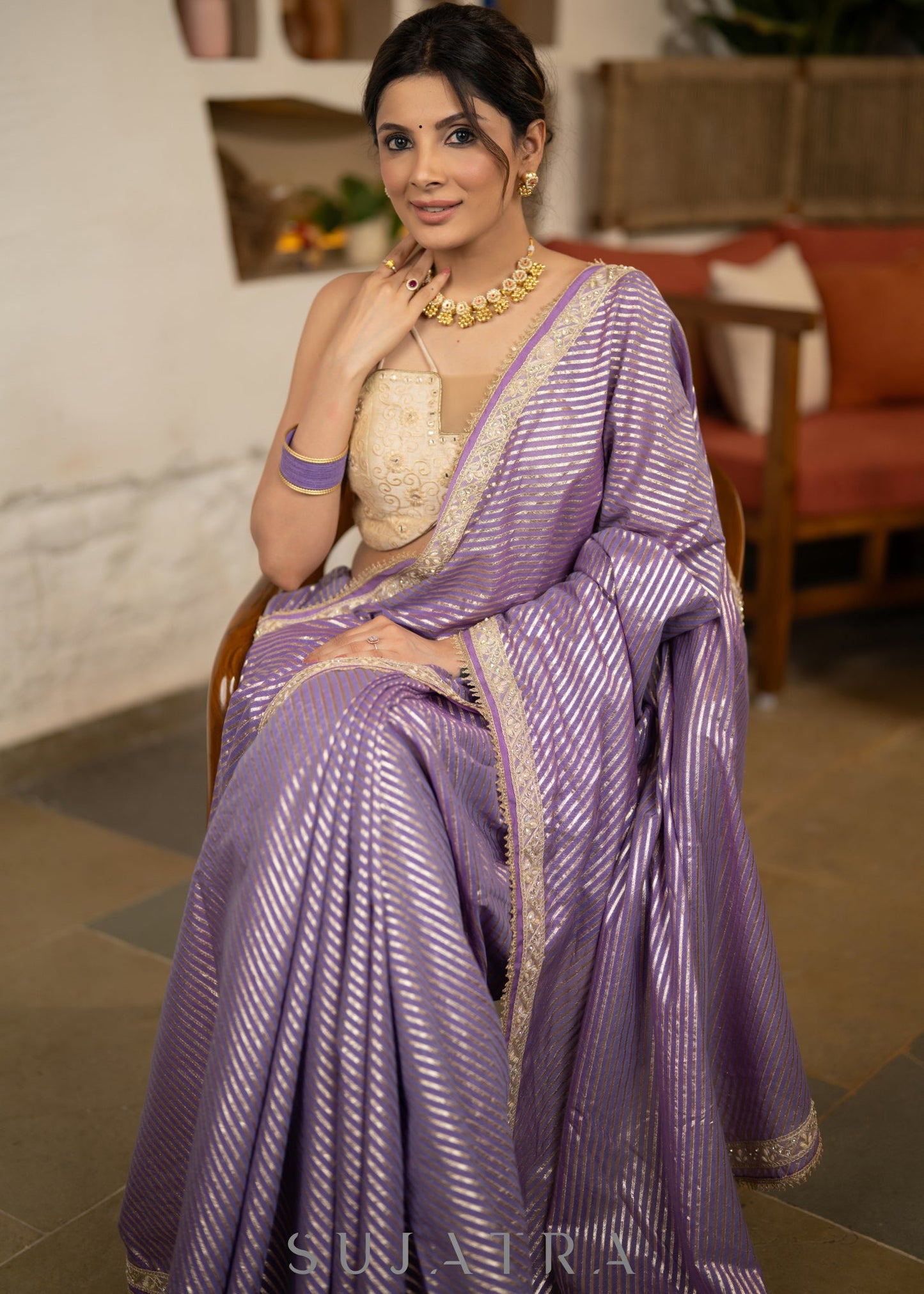 Gracious Lilac Striped Banarasi Saree Highlighted With Pearl Lace