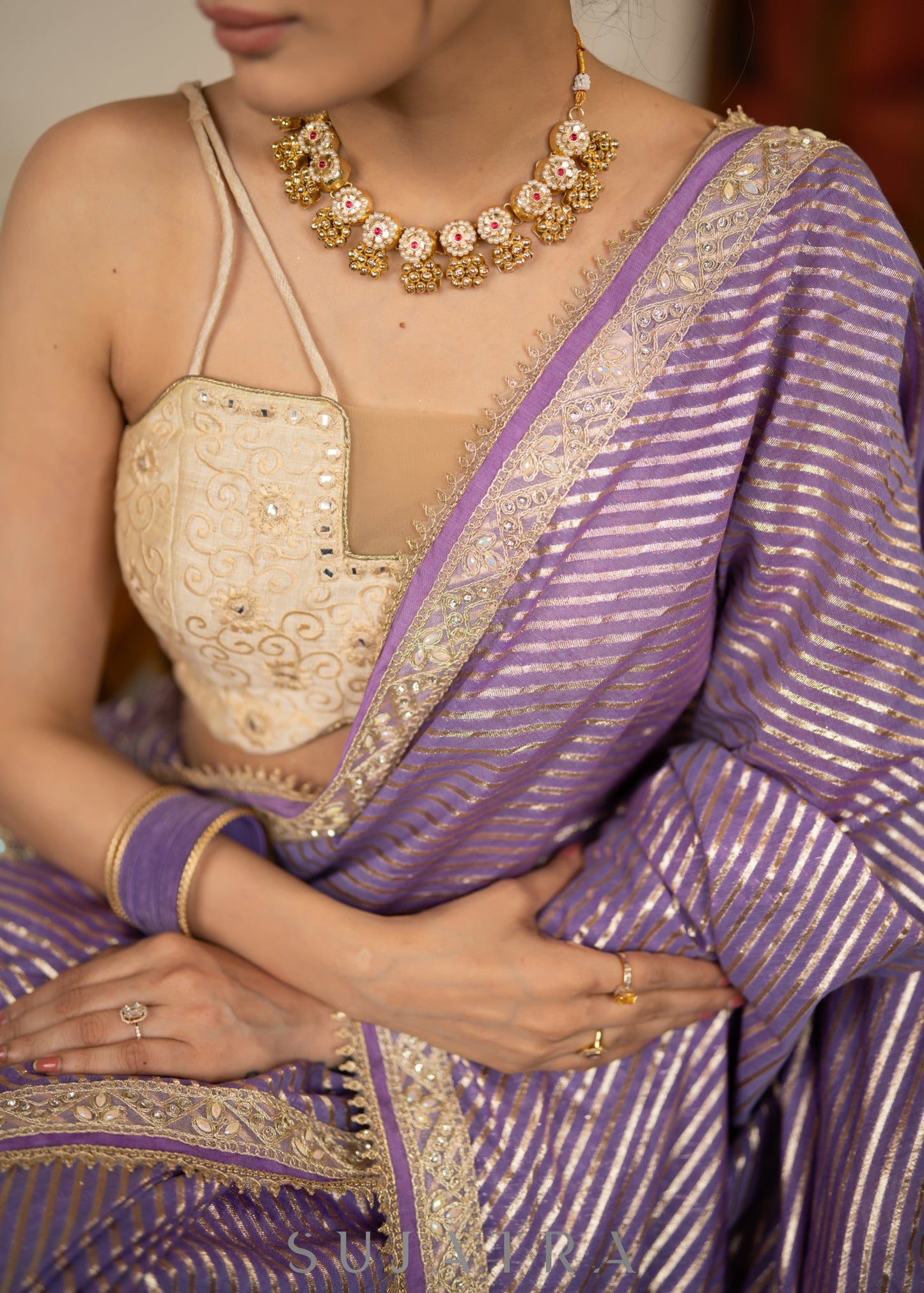 Gracious Lilac Striped Banarasi Saree Highlighted With Pearl Lace