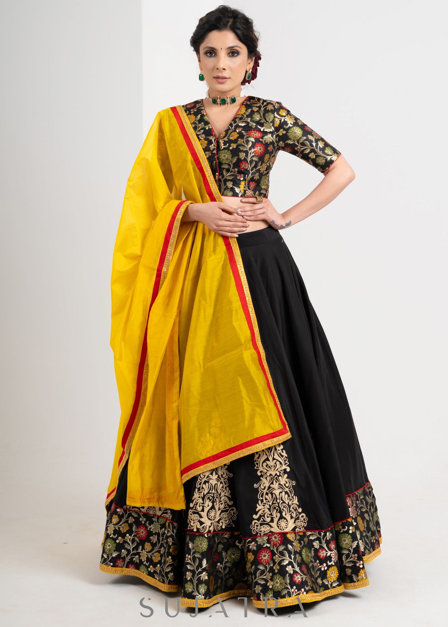 Elegant Black Cotton silk lehenga with brocade blouse & Contract dupatta with delicate Embroidery