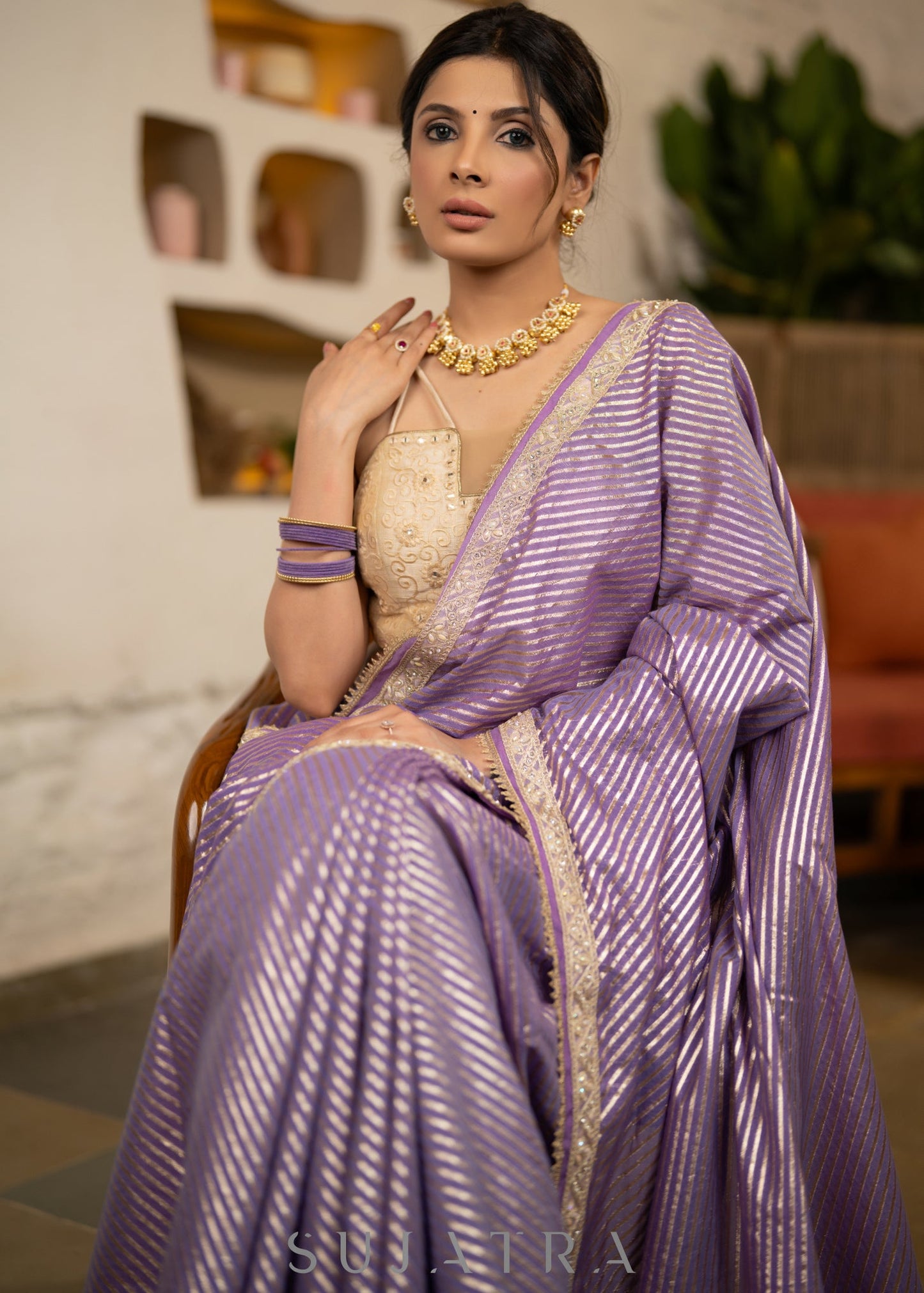 Gracious Lilac Striped Banarasi Saree Highlighted With Pearl Lace