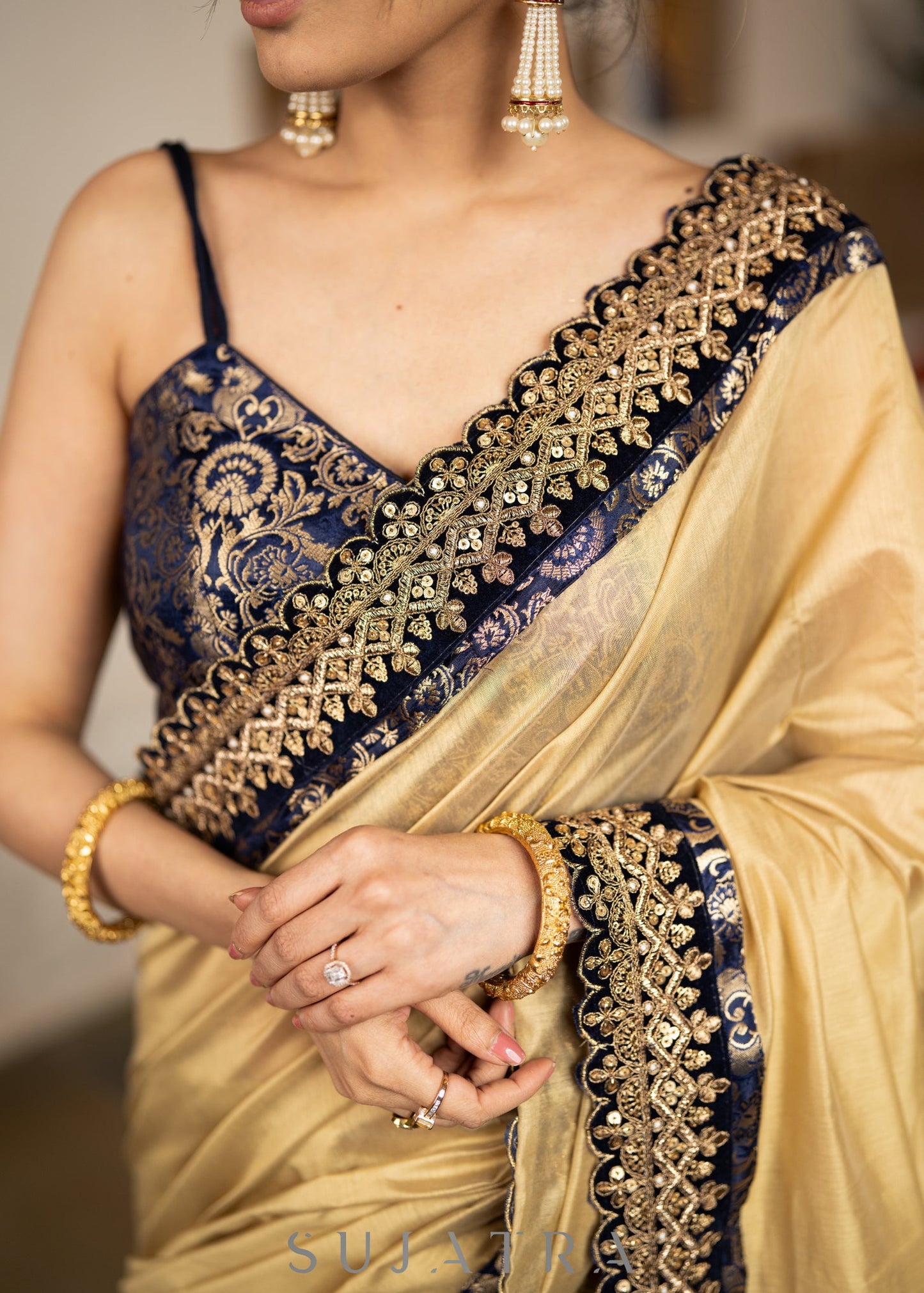Beautiful Golden Chanderi Saree Highlighted With Contrast Lace And Matching Banarasi