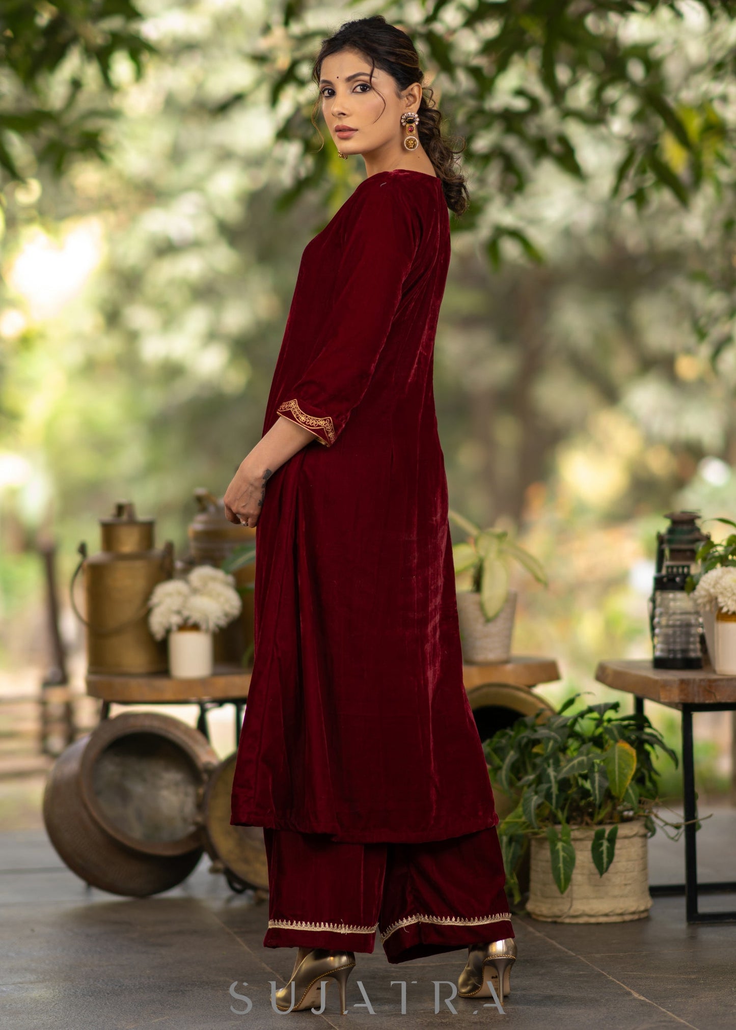 Maroon velvet kurta and Pallazo - Net Scallop Dupatta optional