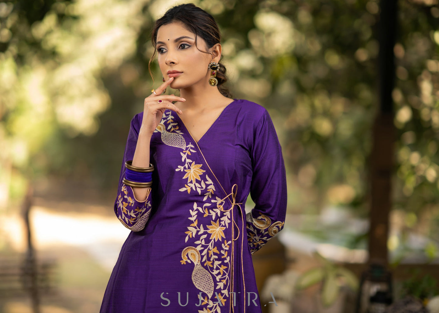 Purple Cotton silk asymmetric embroidered kurta - Pant optional