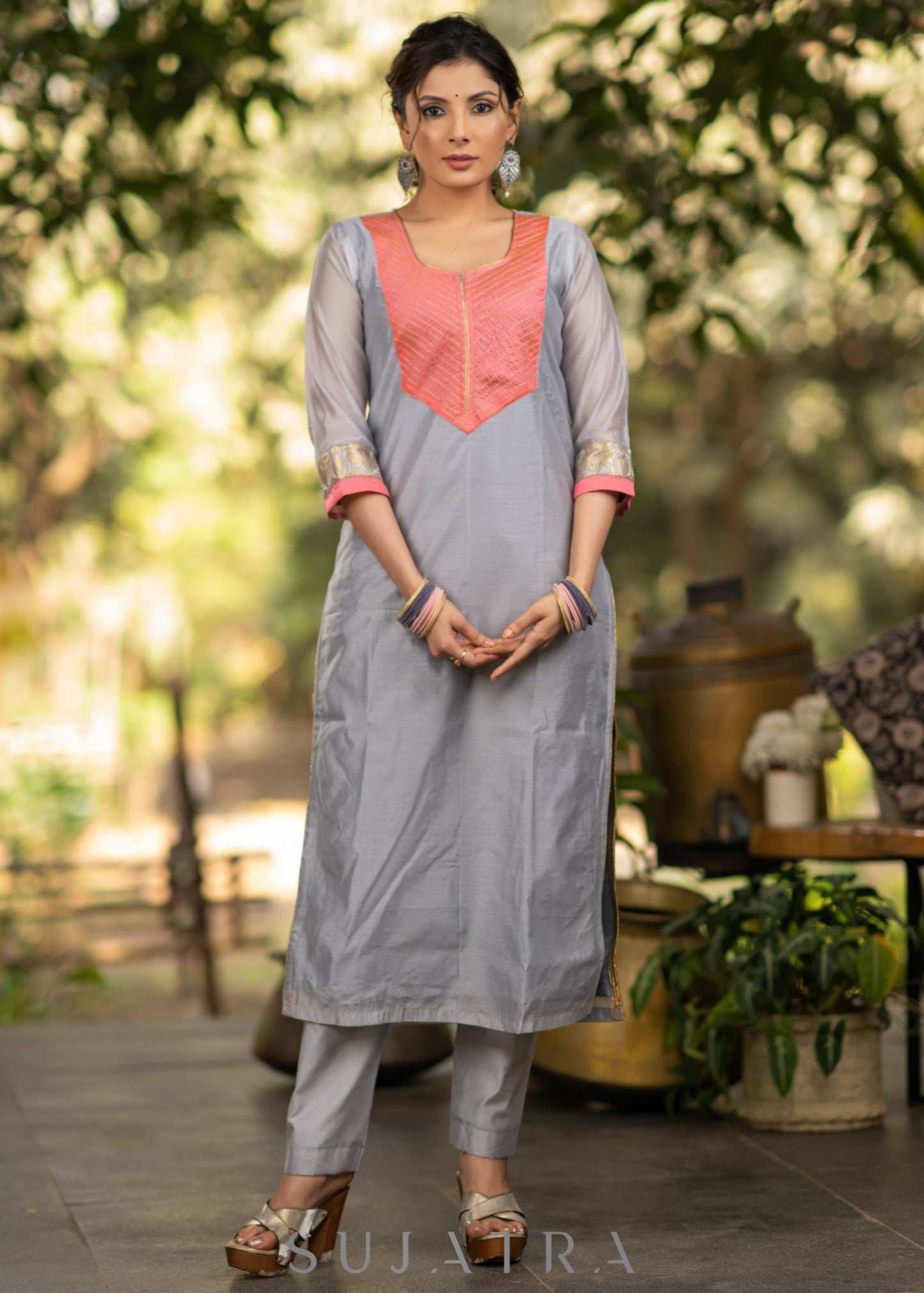 Grey chanderi kurta with Pink Zari work yoke and Pant