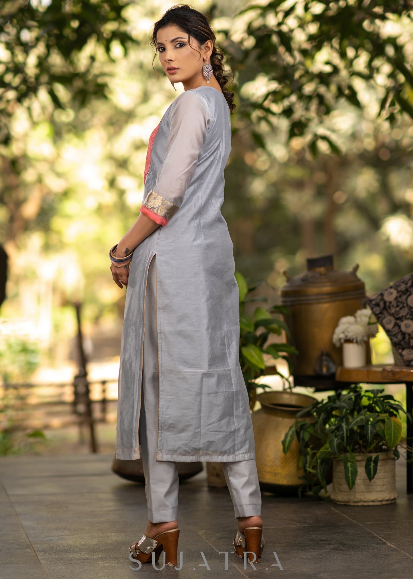 Grey chanderi kurta with Pink Zari work yoke and Pant