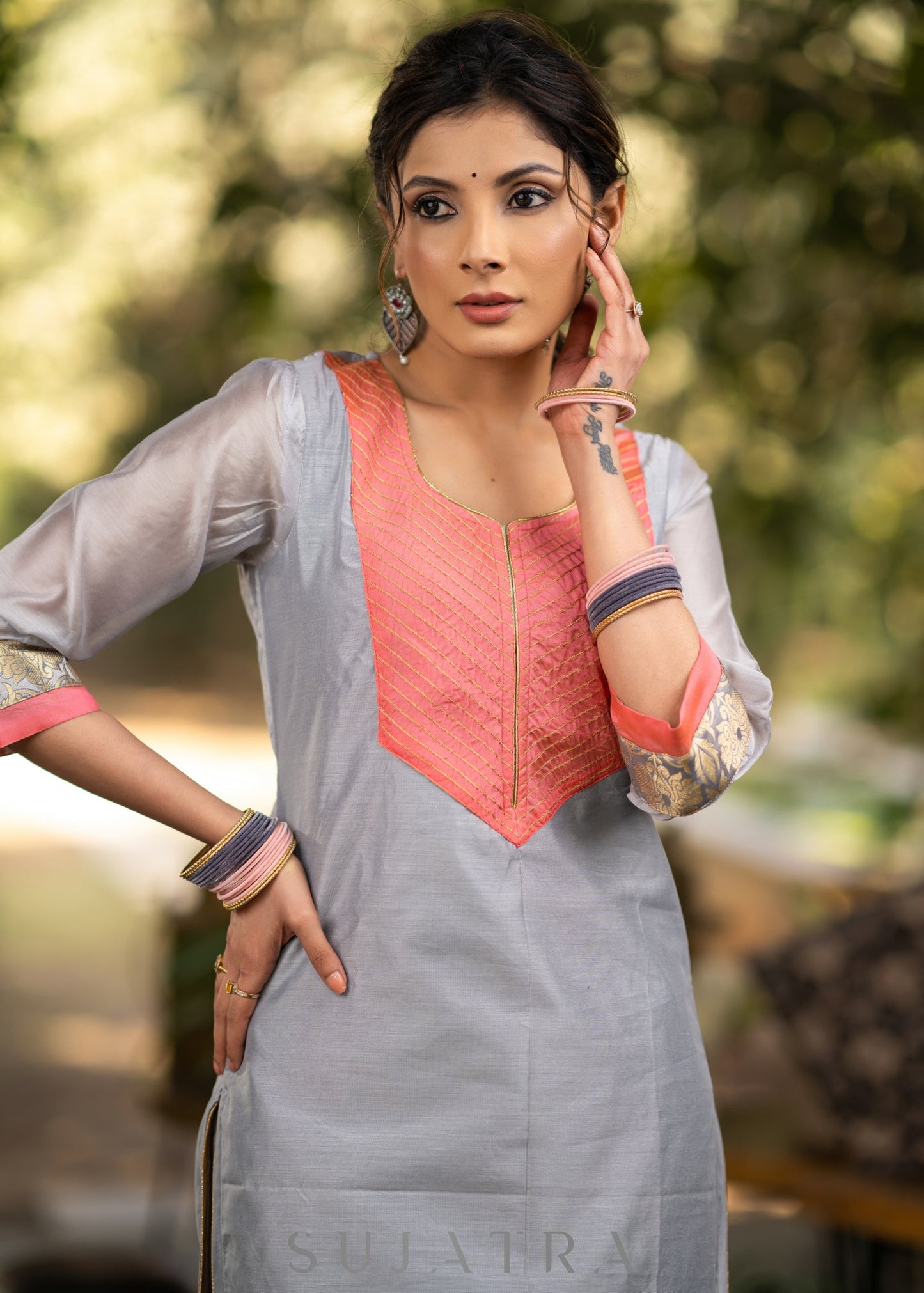 Grey chanderi kurta with Pink Zari work yoke and Pant
