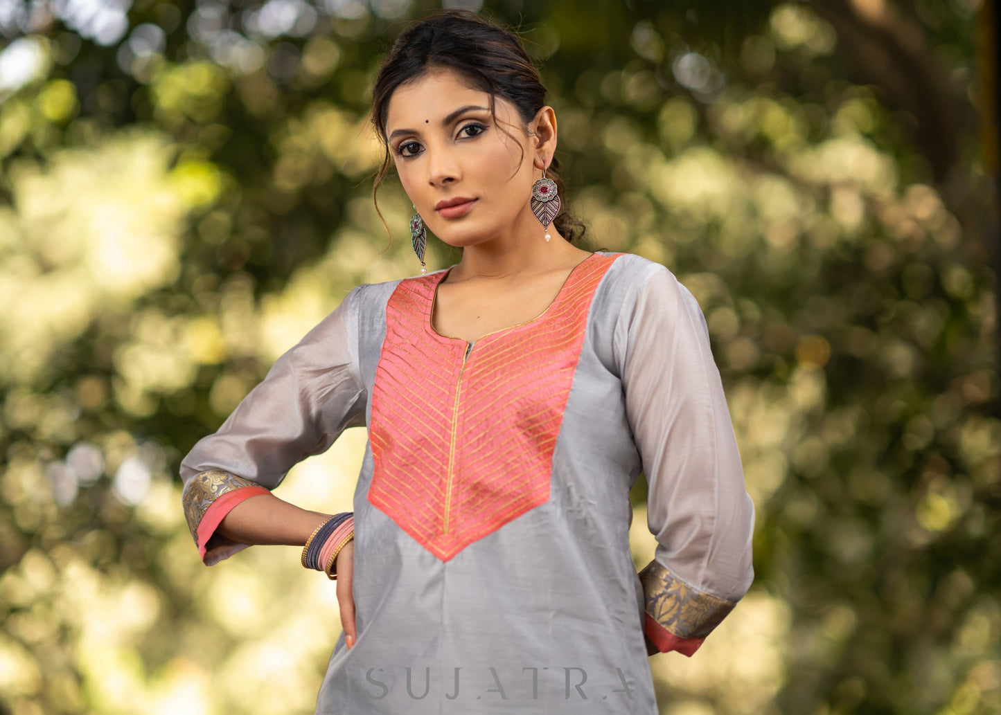 Grey chanderi kurta with Pink Zari work yoke and Pant