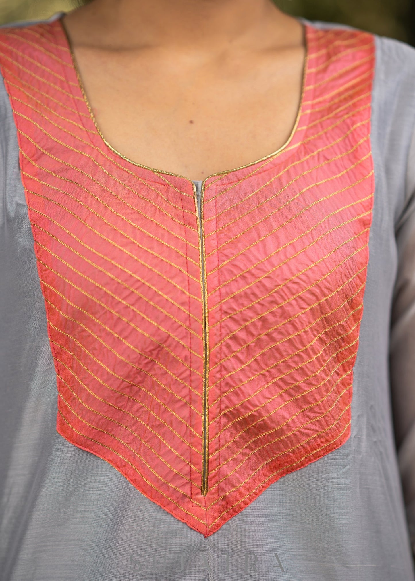 Grey chanderi kurta with Pink Zari work yoke and Pant